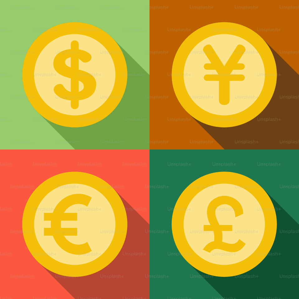 A flat icon with a long shadow of currency