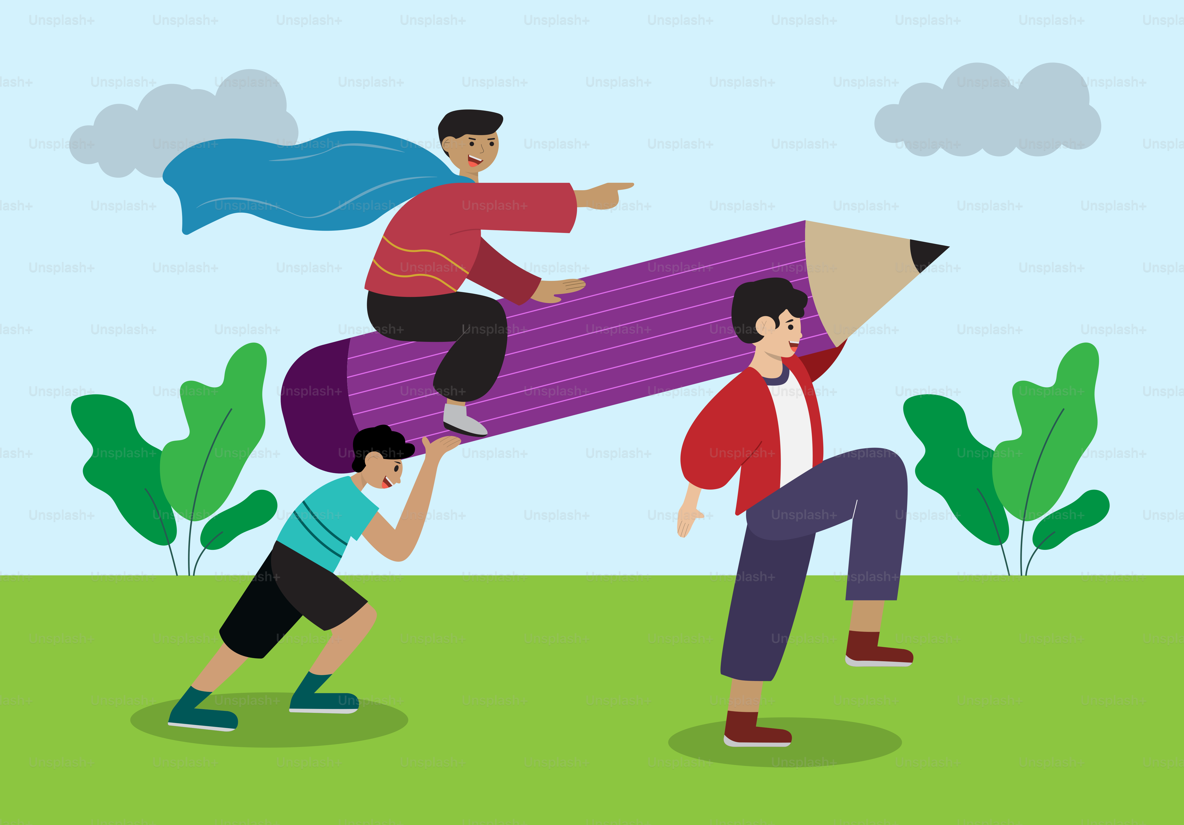 Two people carrying a giant pencil up a hill