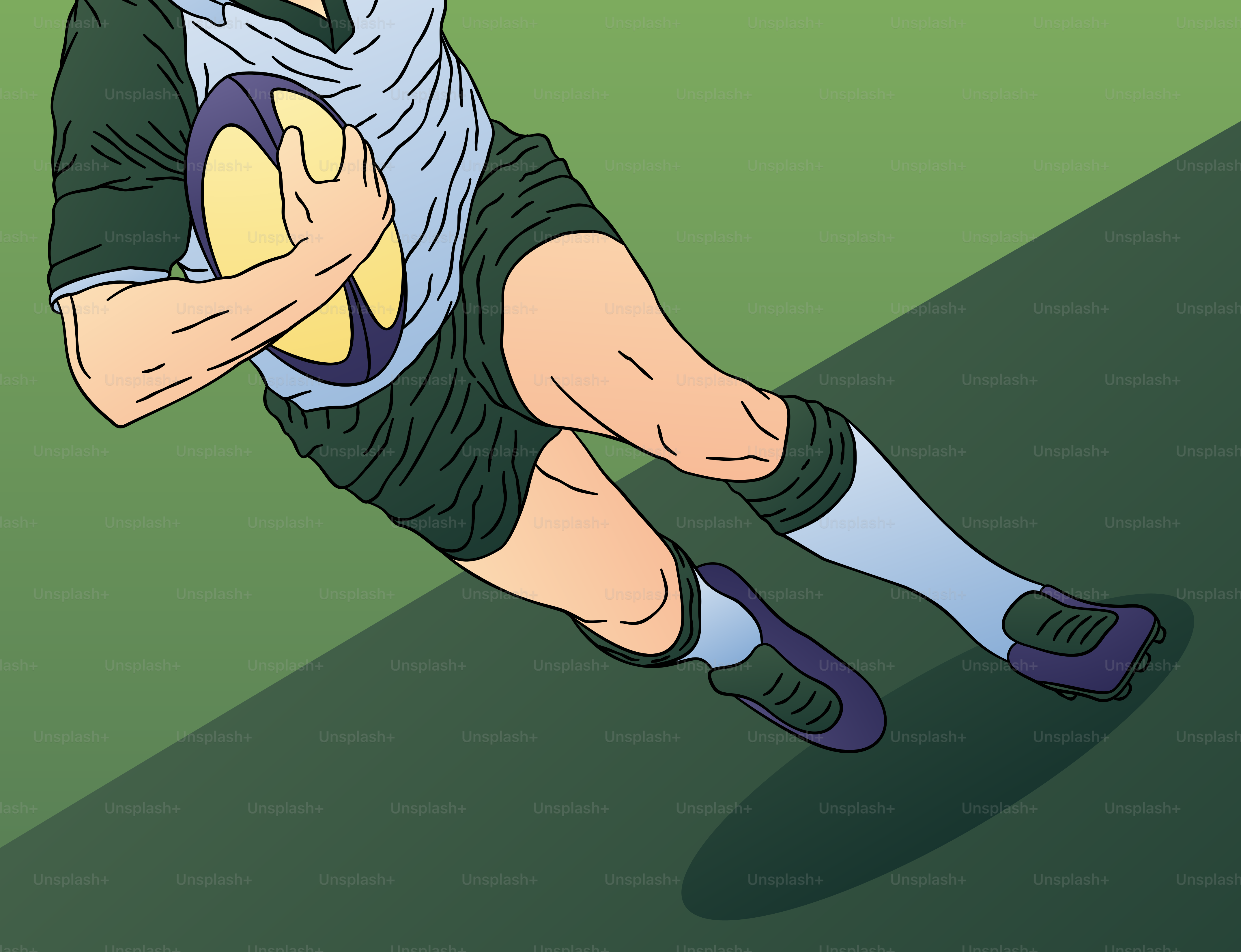 A cartoon of a rugby player running with the ball