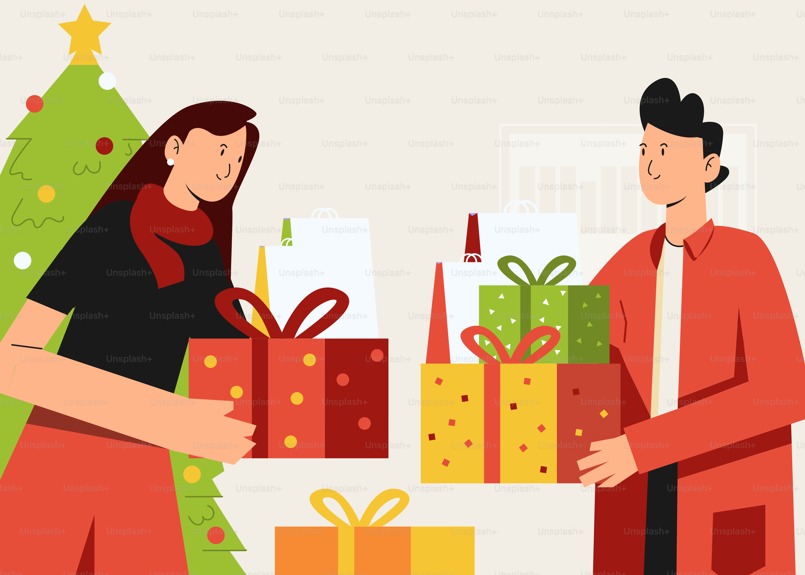 A man and a woman exchanging gifts in front of a christmas tree