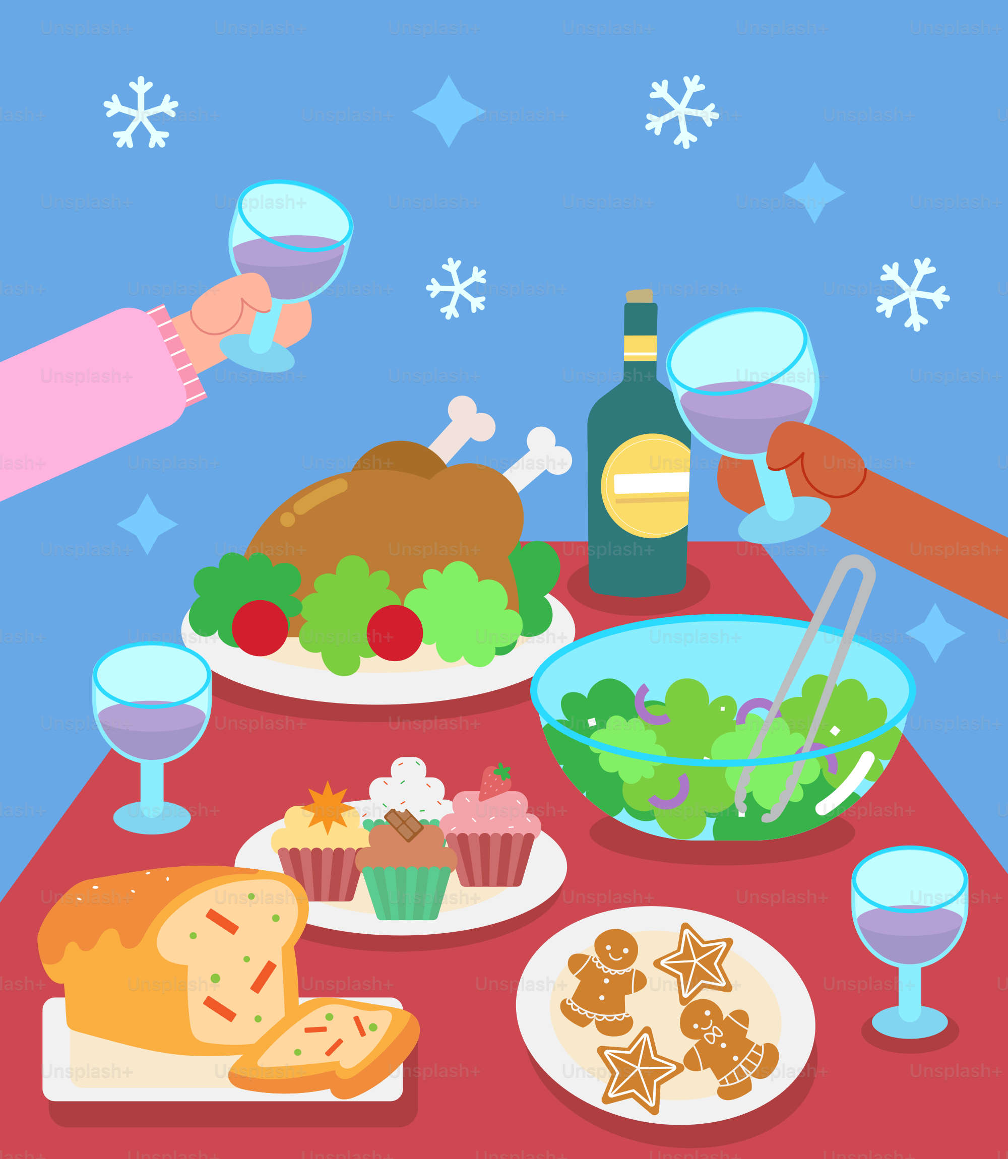A table topped with plates of food and glasses of wine