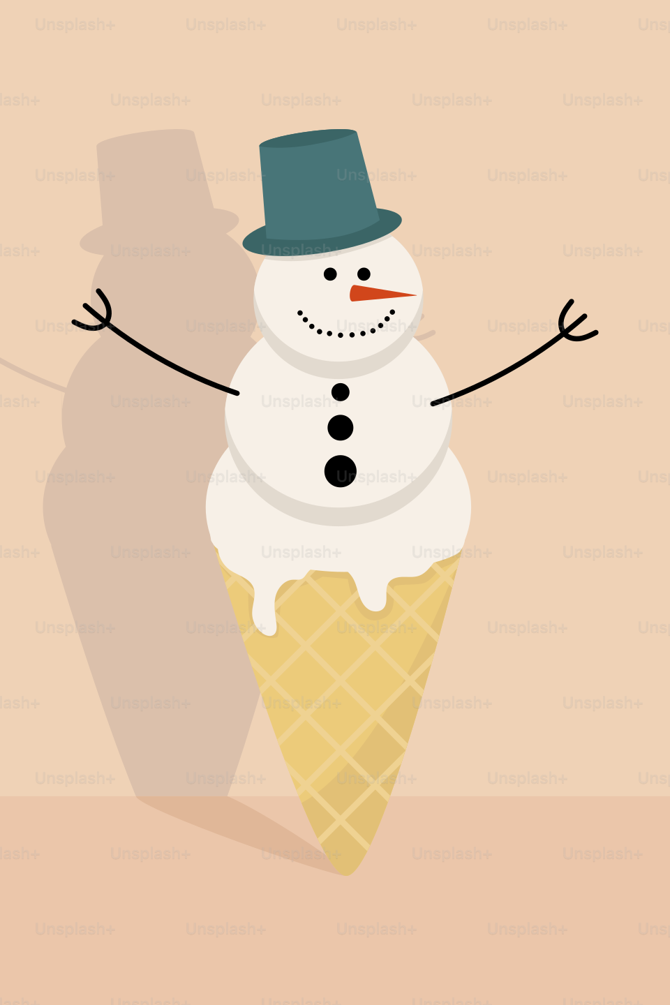 A snowman is standing in an ice cream cone
