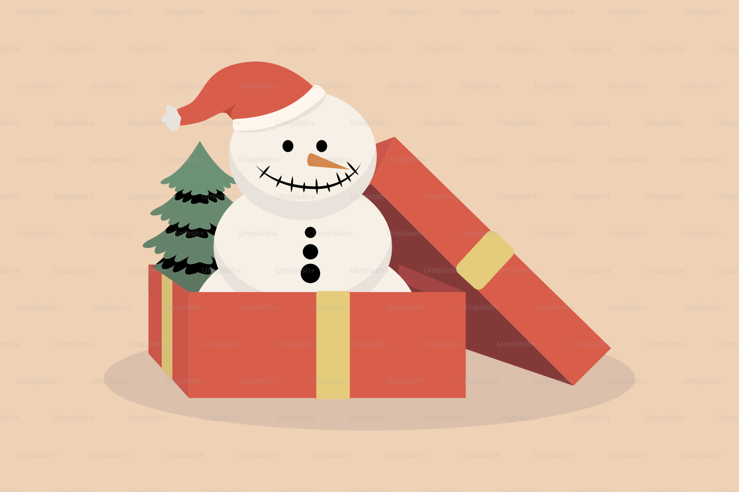 A snowman is in a box with a christmas tree