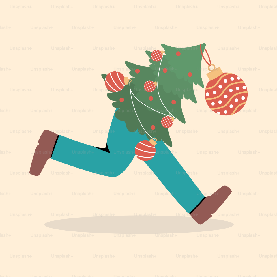 A man running with a christmas tree on his back
