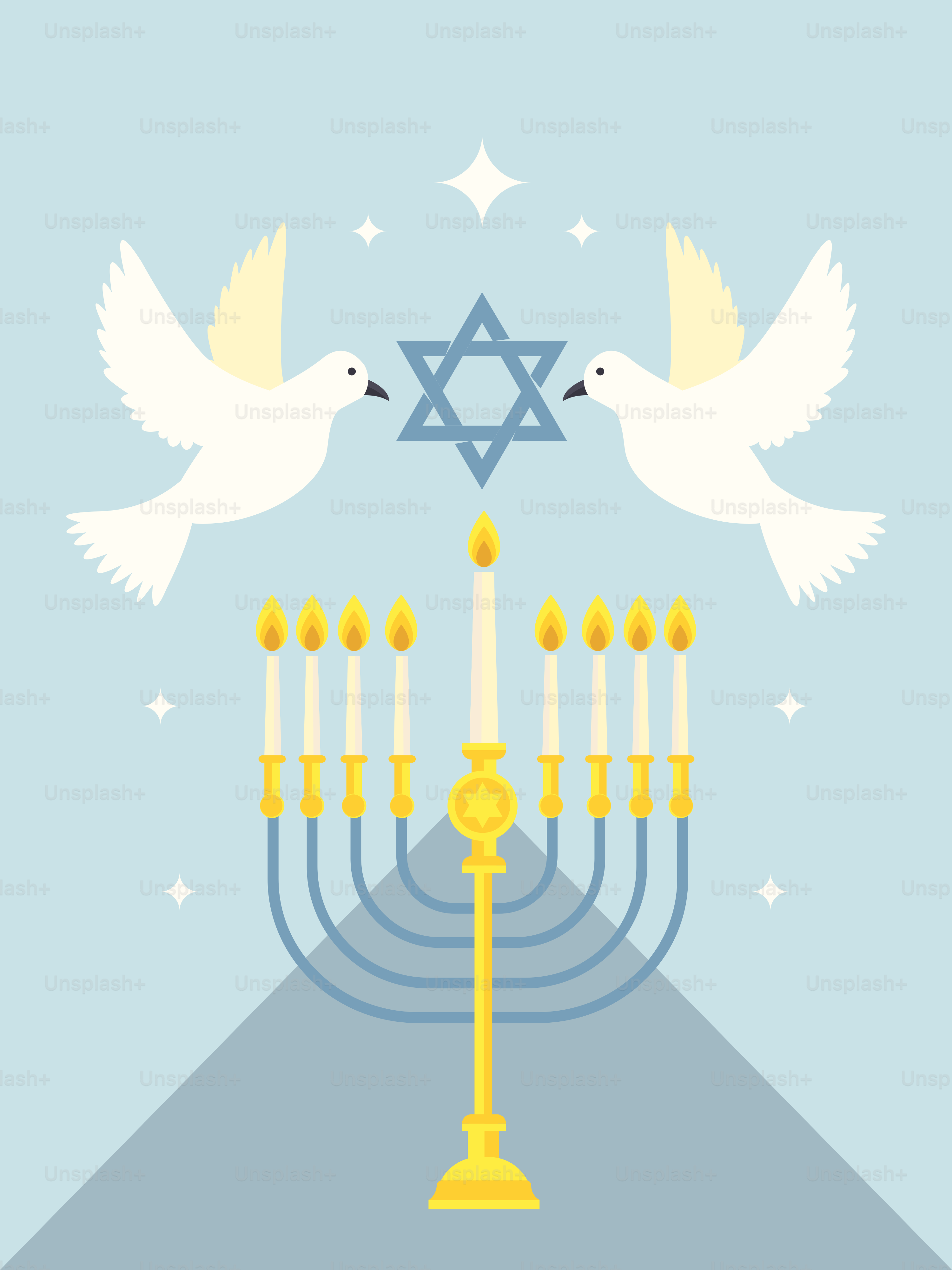 Dos pájaros volando sobre una menorá con velas