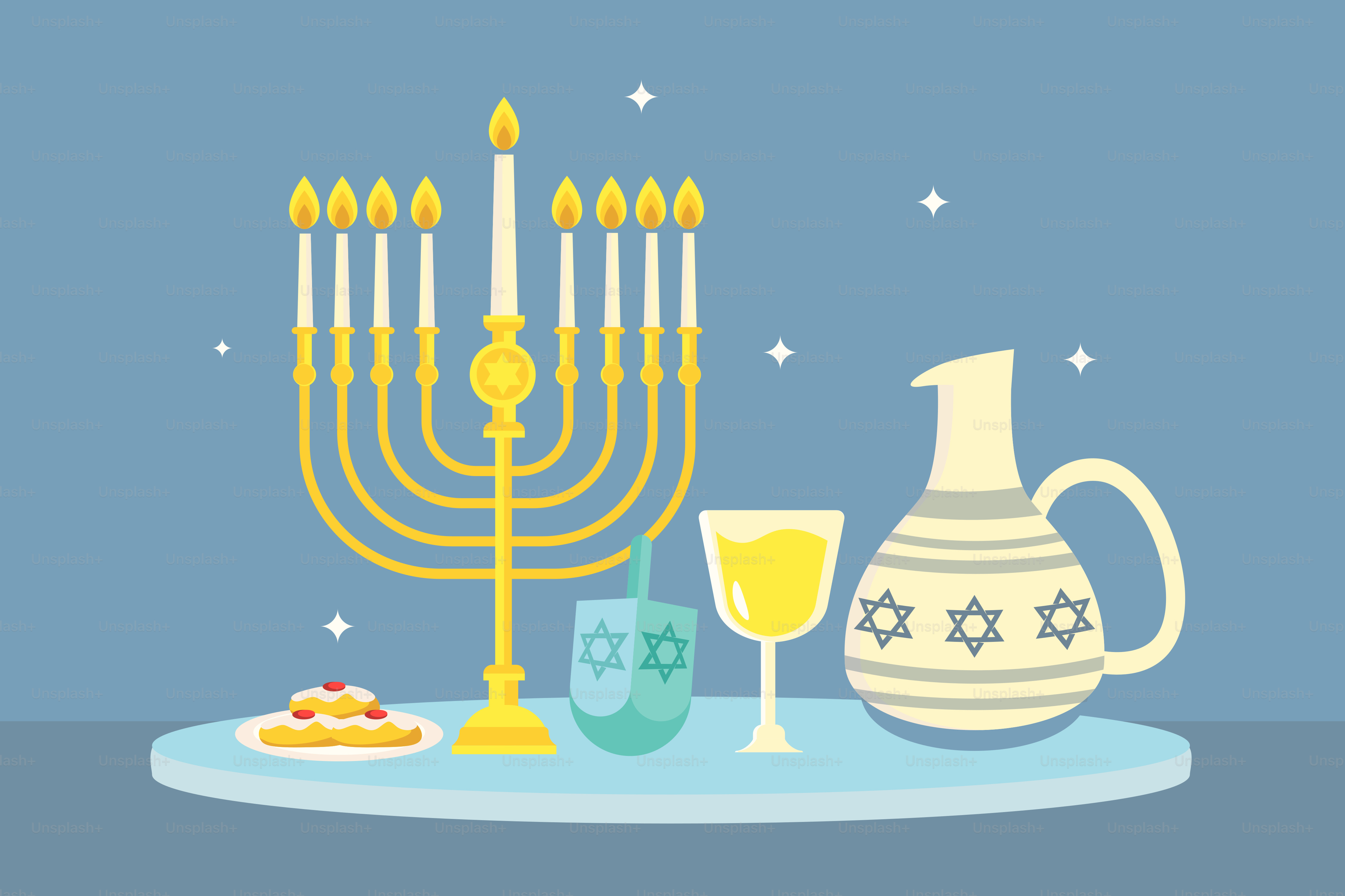 A hanukkah menorah with a glass of wine and a pitcher