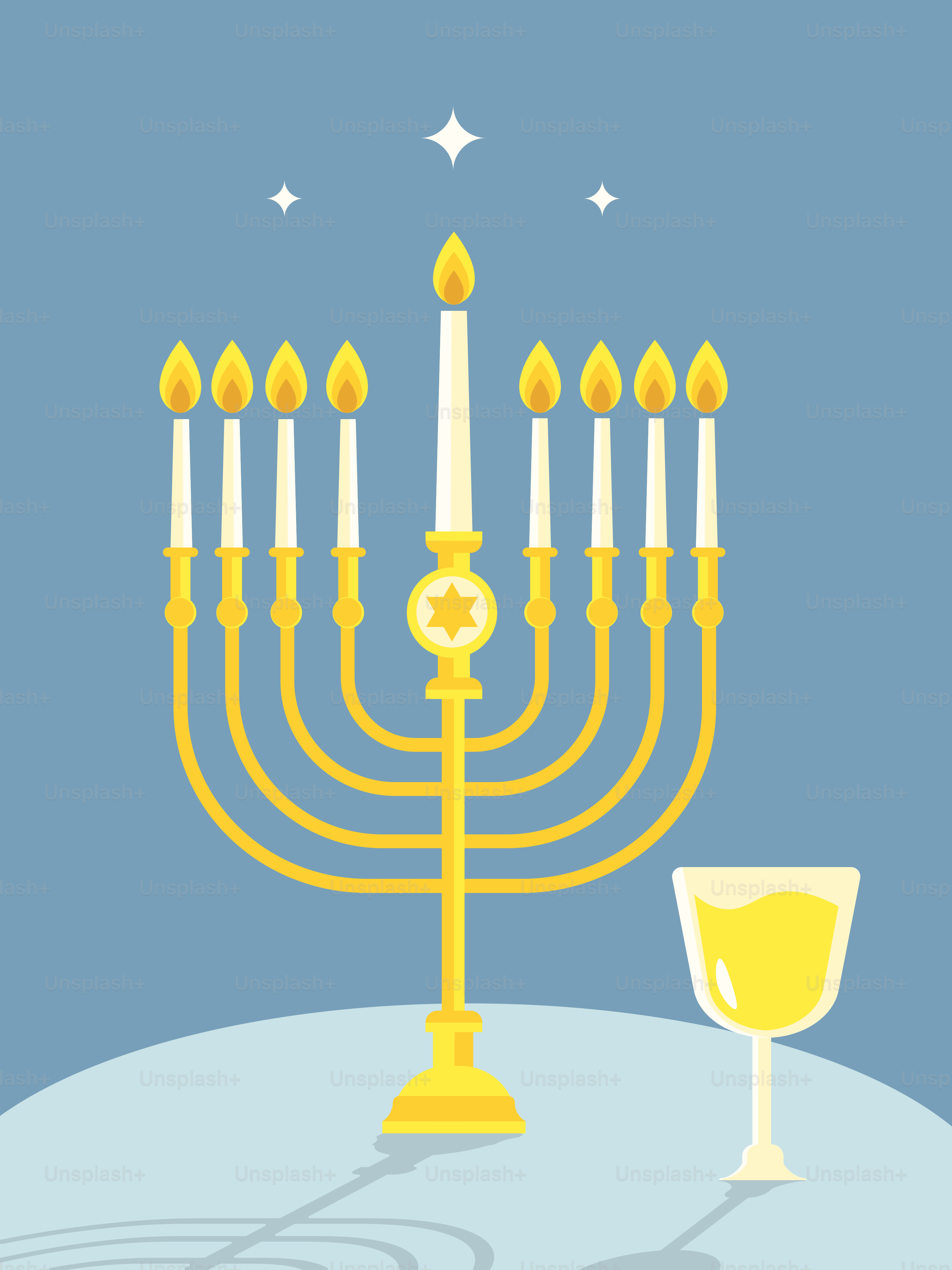 Una menorá de Janucá con una copa de vino
