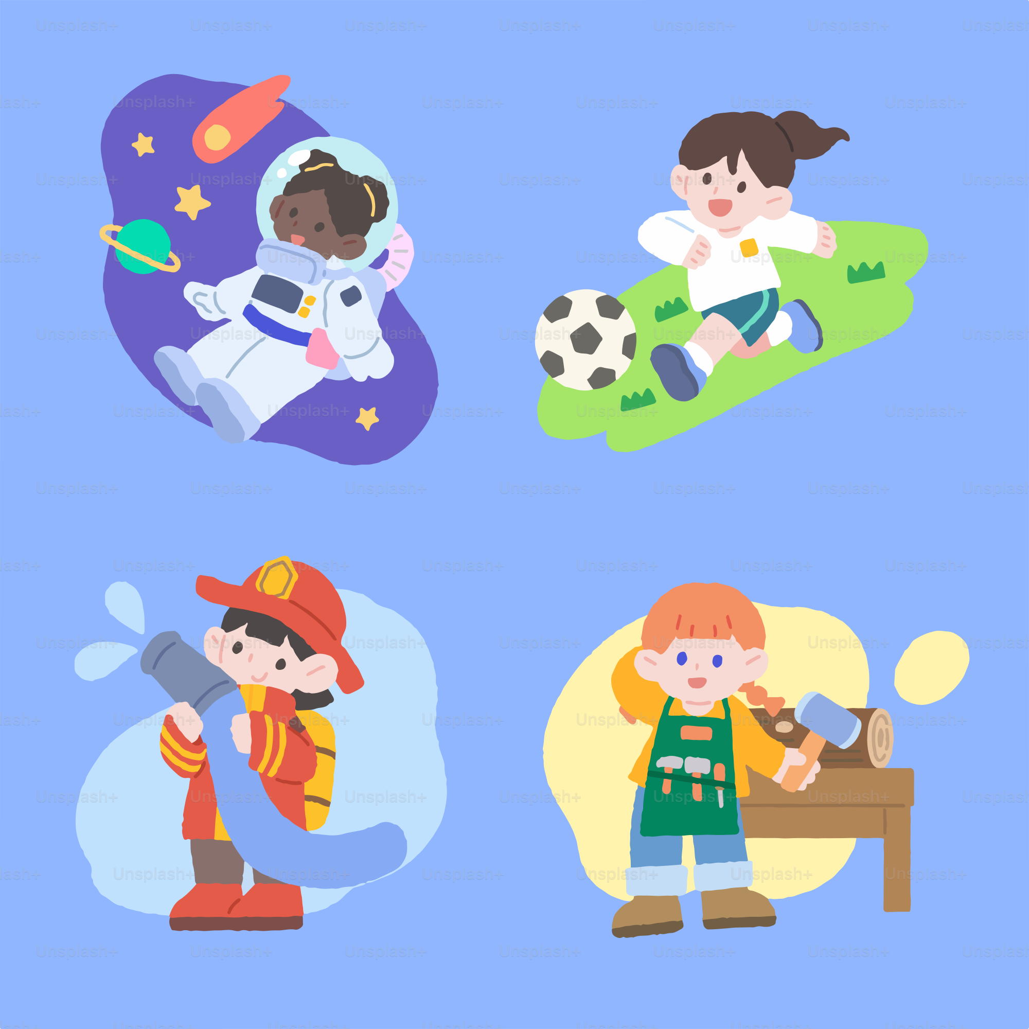 A set of four children's illustrations on a blue background