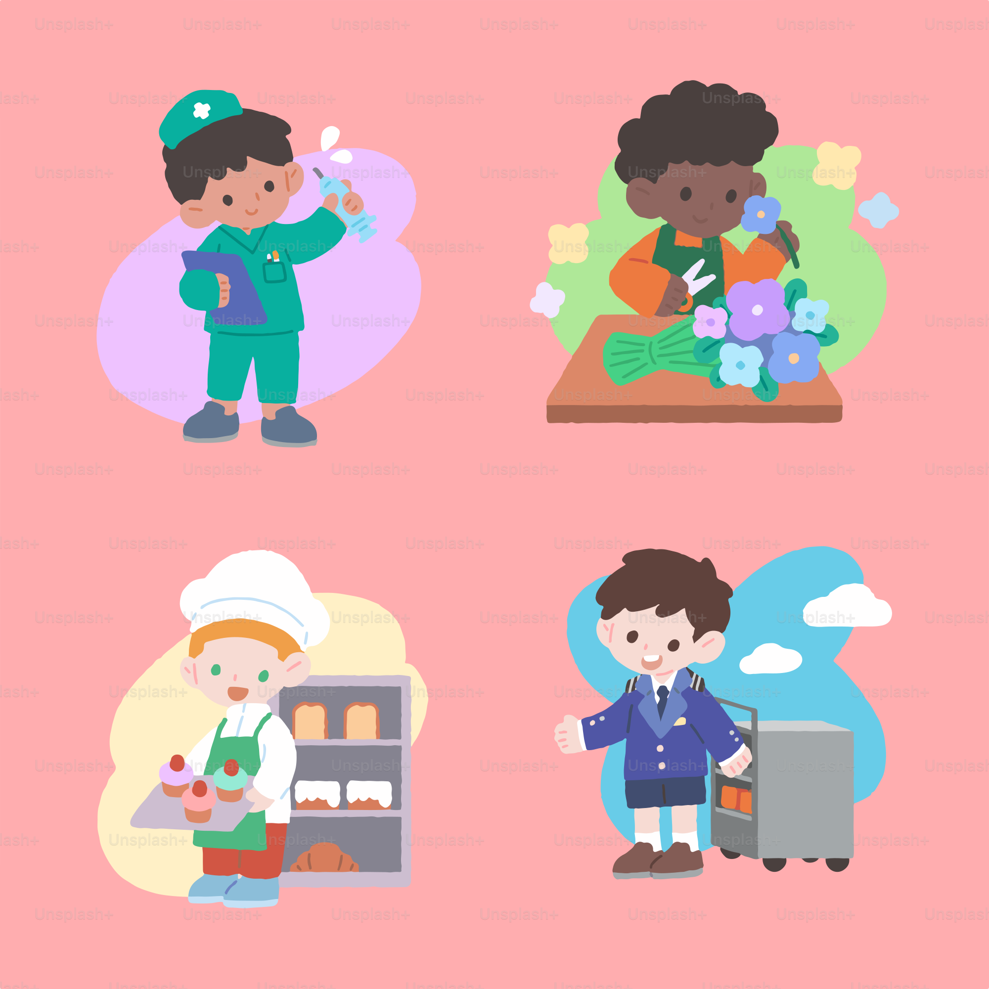 A pink background with four different types of people