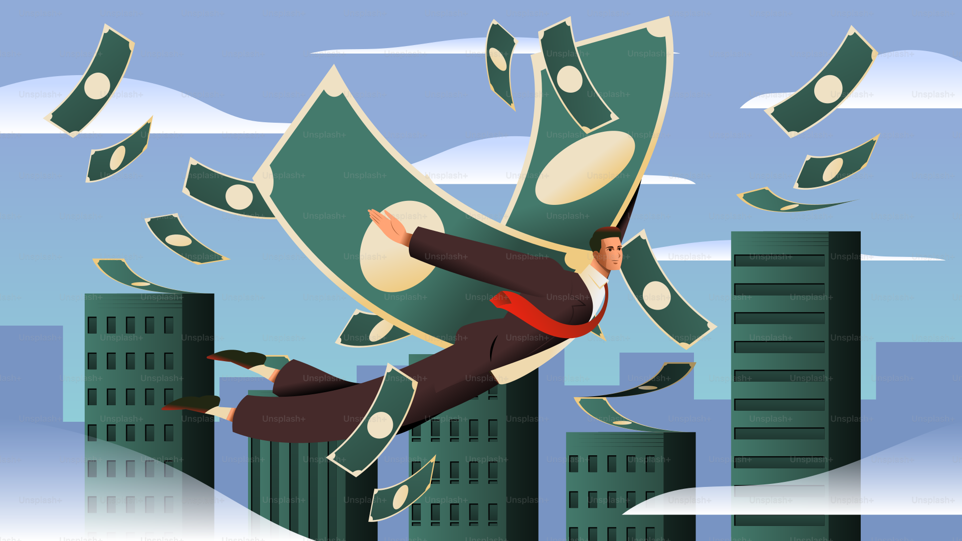 돈 뭉치를 들고 공중을 나는 남자