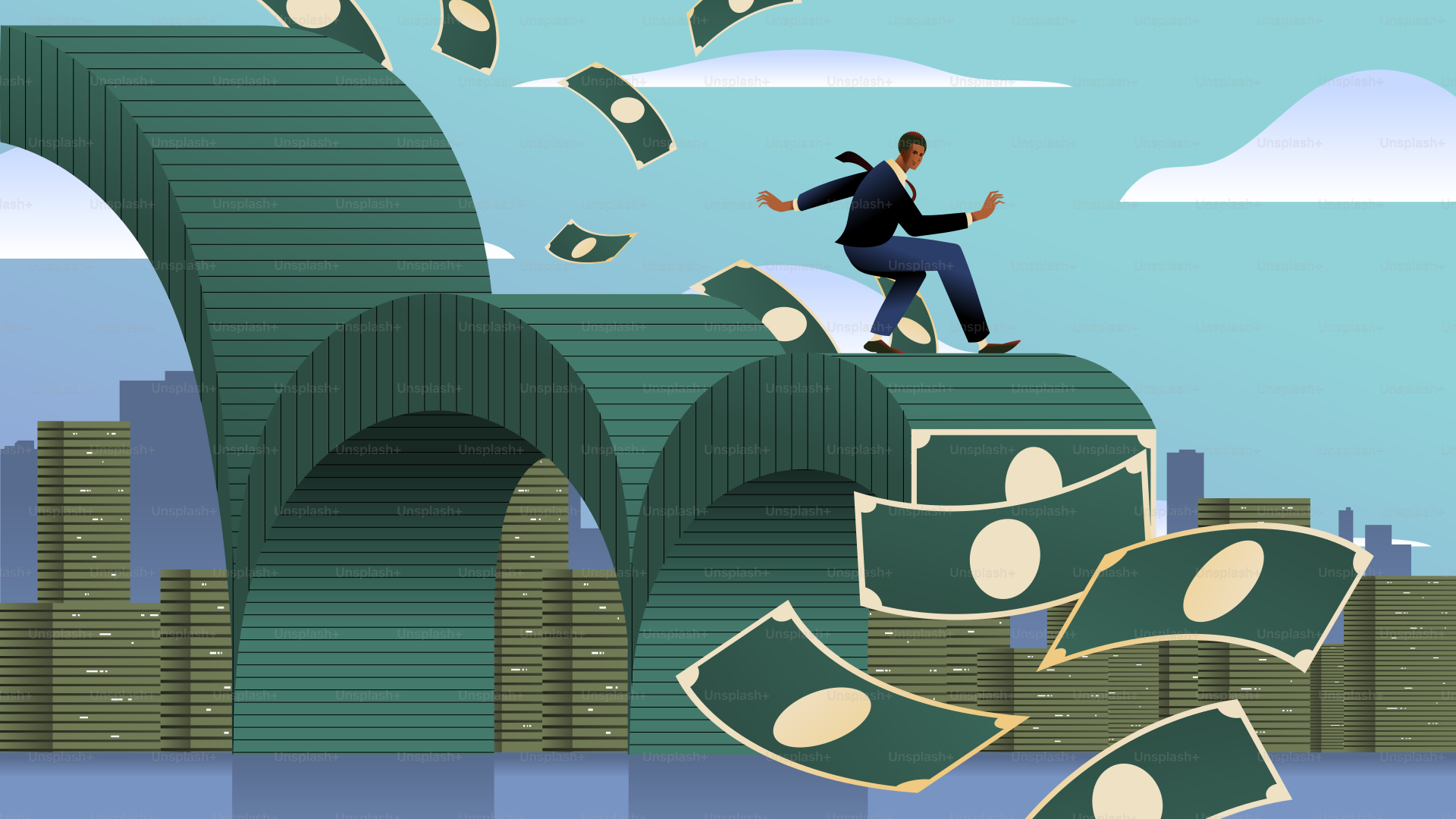 A man on top of a pile of money