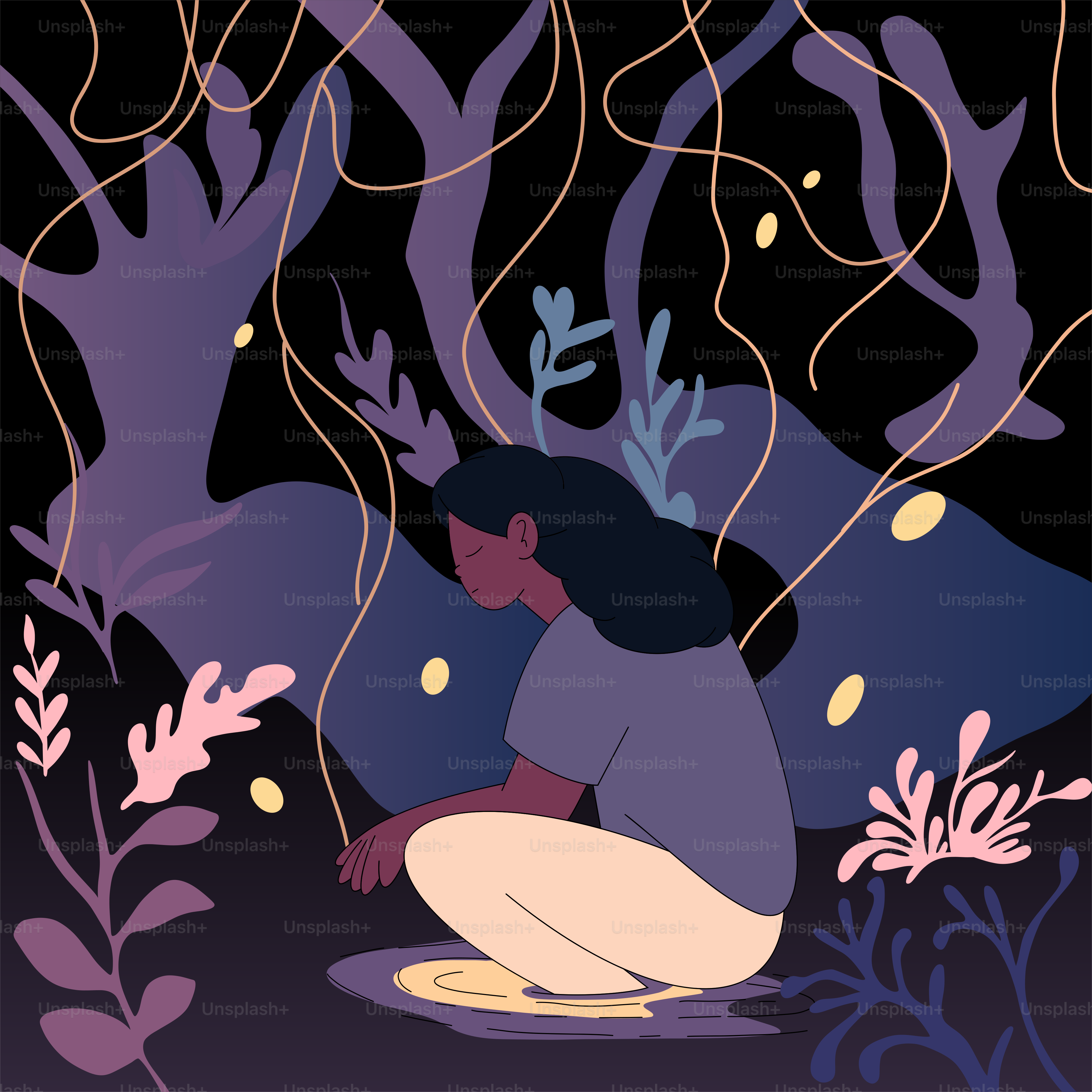 A woman sitting on the ground surrounded by plants