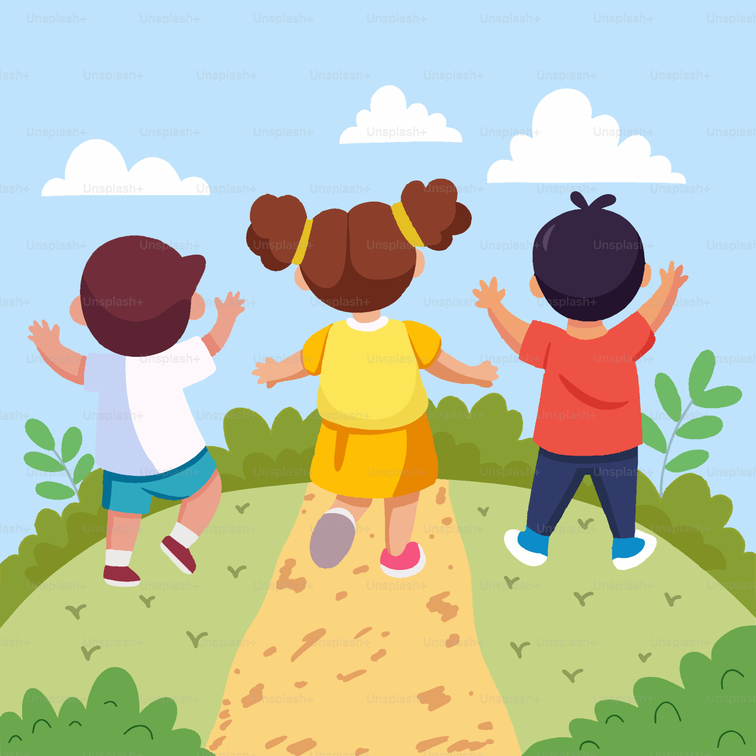 A group of children standing on top of a grass covered field