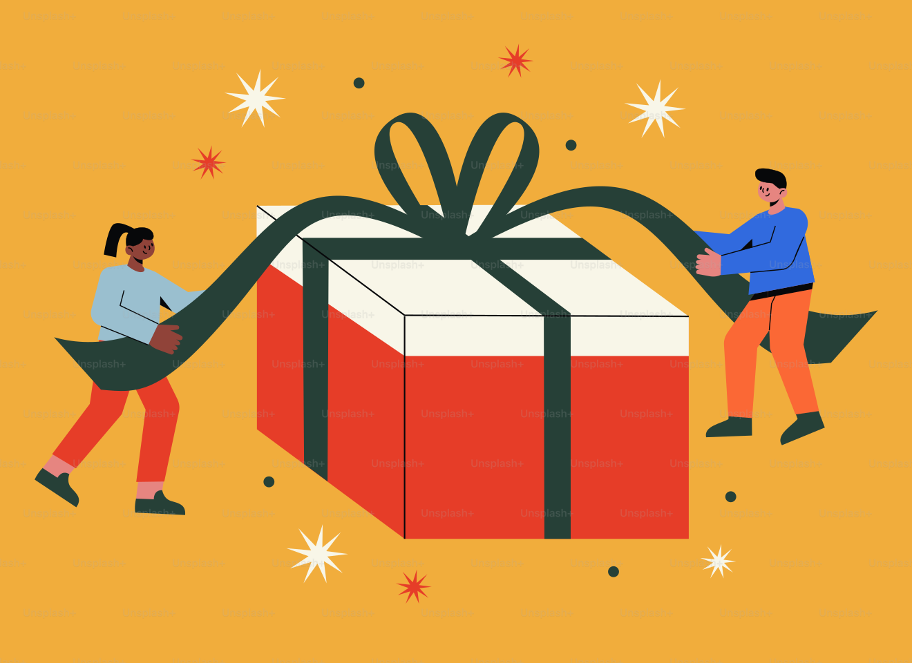 Two men are wrapping a large present on a yellow background