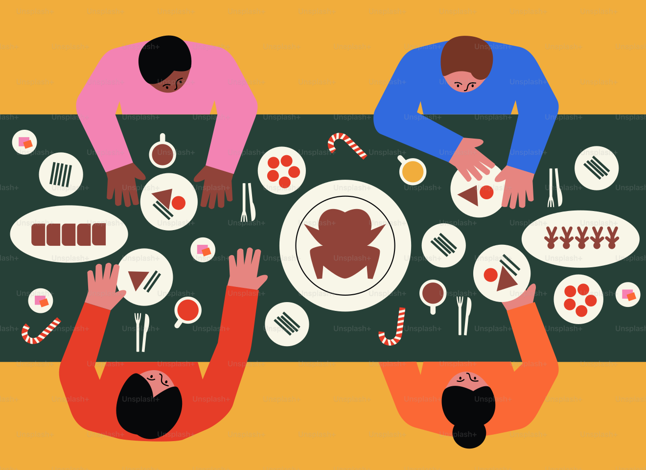 Dos personas sentadas en una mesa con platos de comida