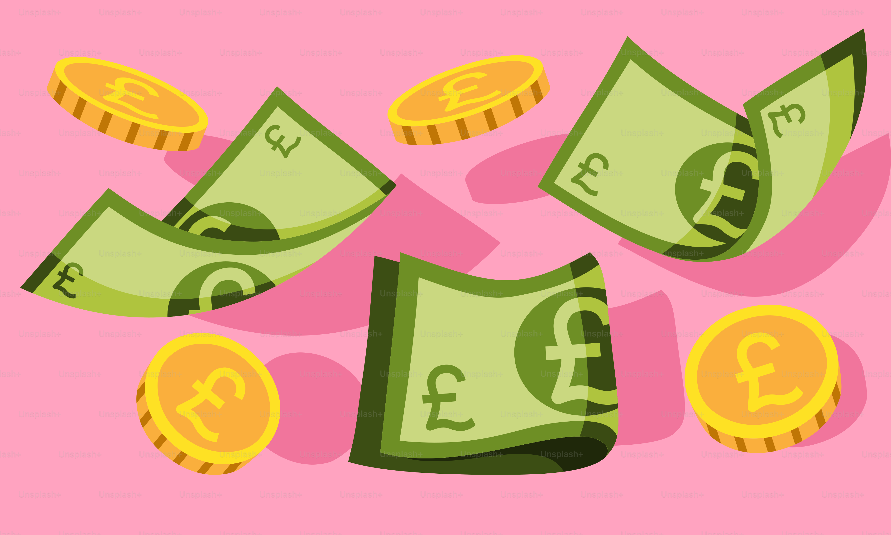 A bunch of money falling from a pink background
