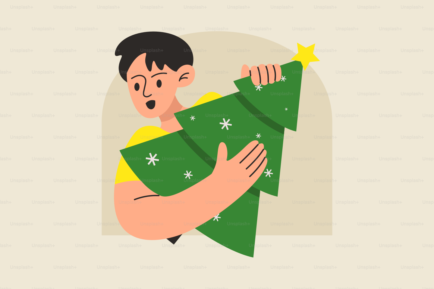 A man holding a christmas tree with a surprised look on his face