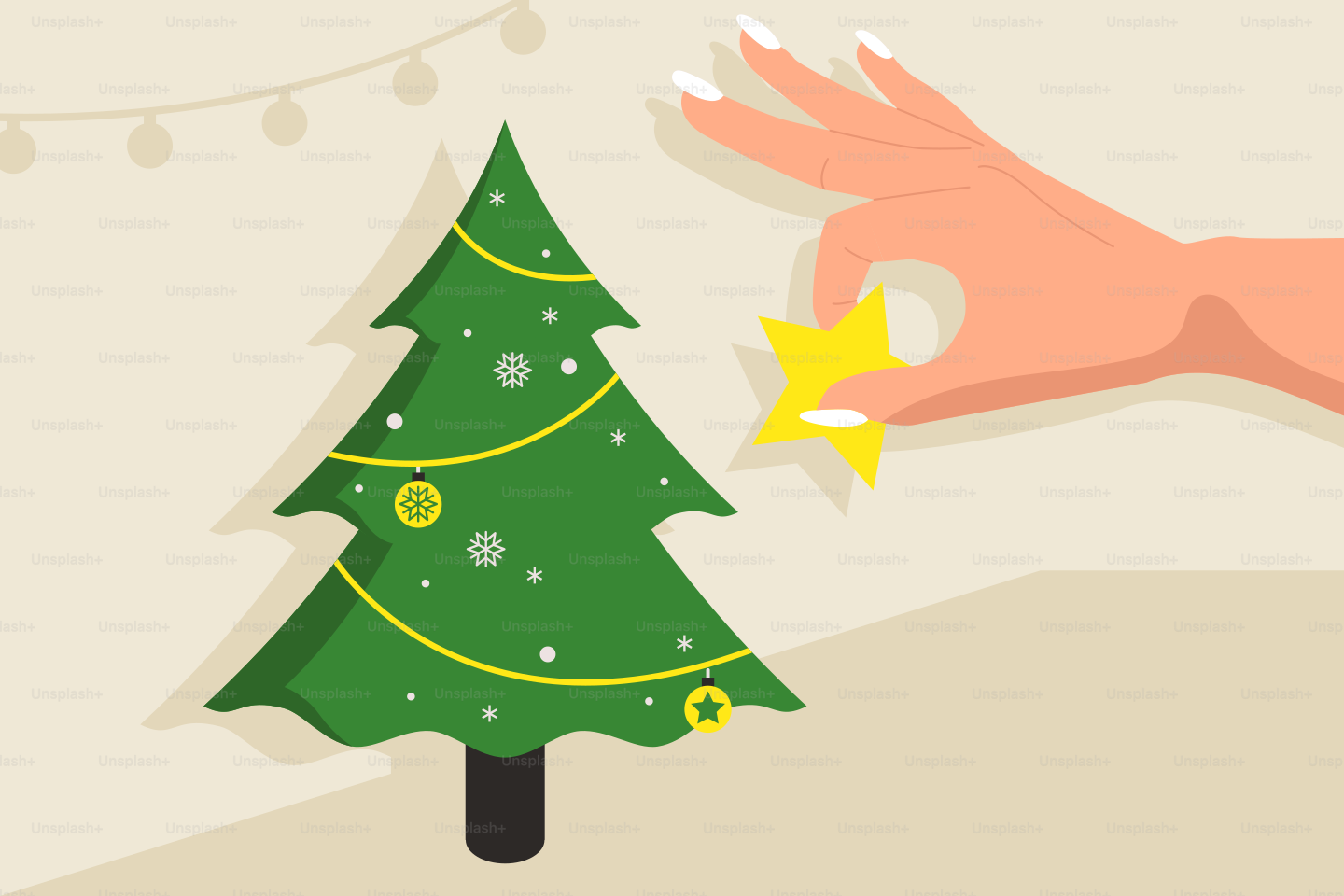 A person is putting a star on a christmas tree