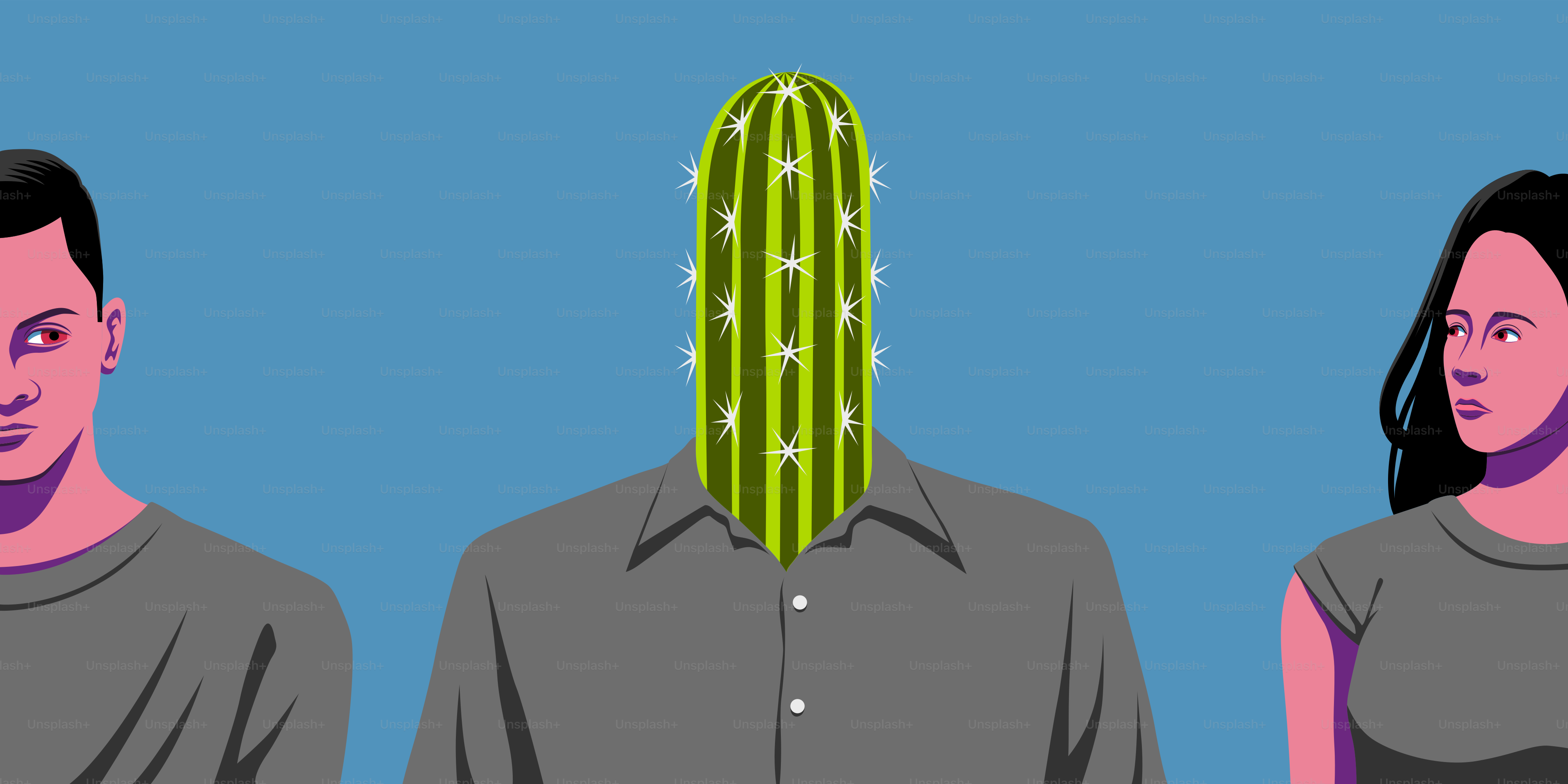 A man and a woman standing in front of a cactus