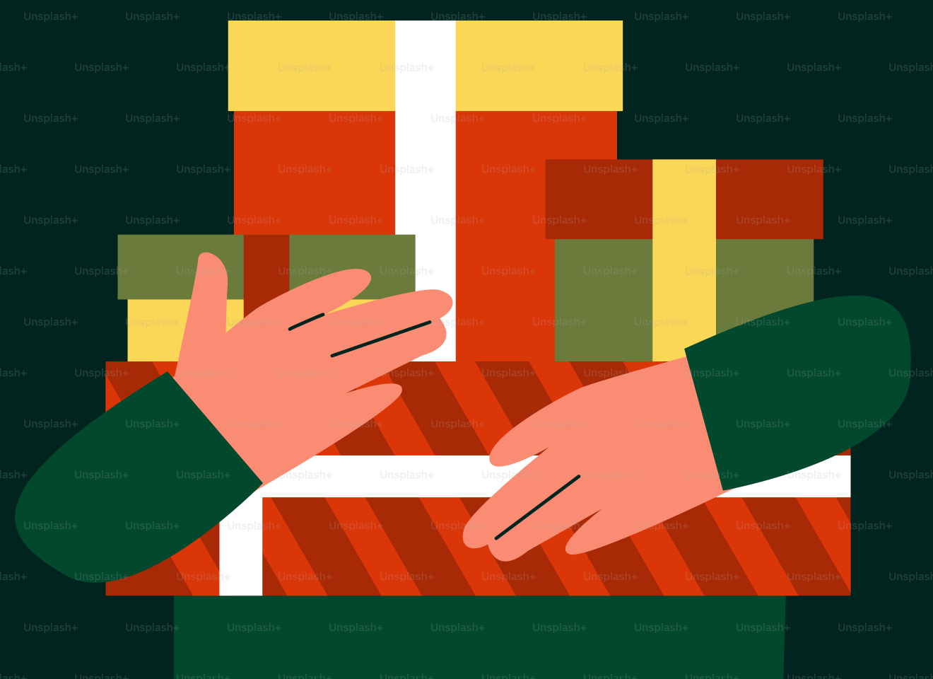 A person holding a stack of wrapped presents