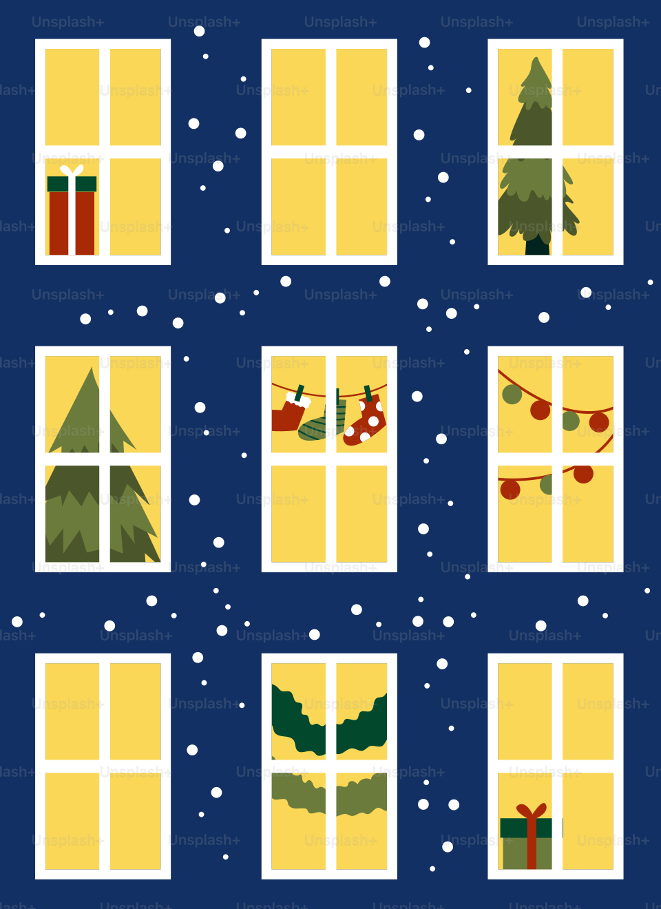 A set of nine windows with christmas decorations