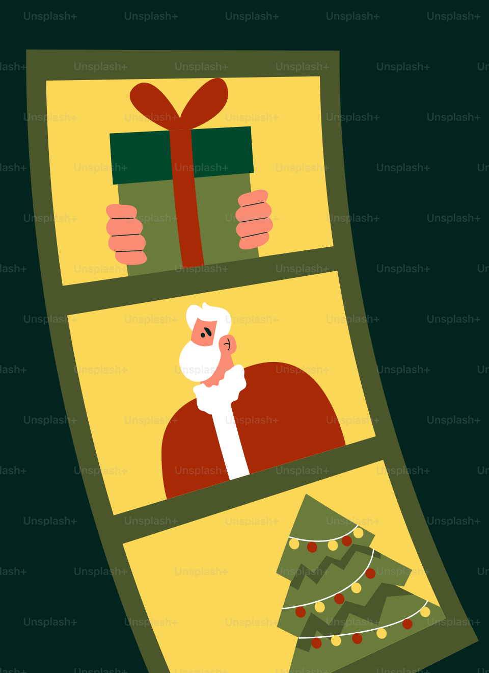 Una tarjeta de Navidad con un Papá Noel sosteniendo un regalo