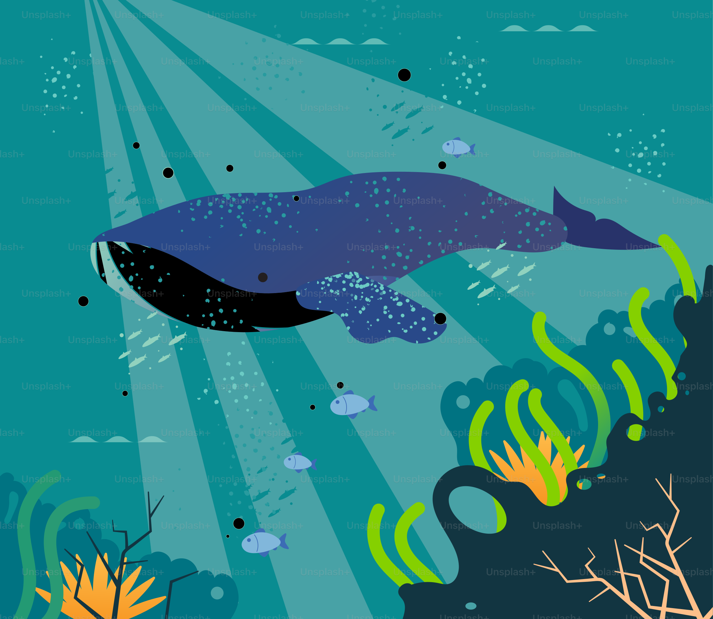 A painting of a whale swimming in the ocean