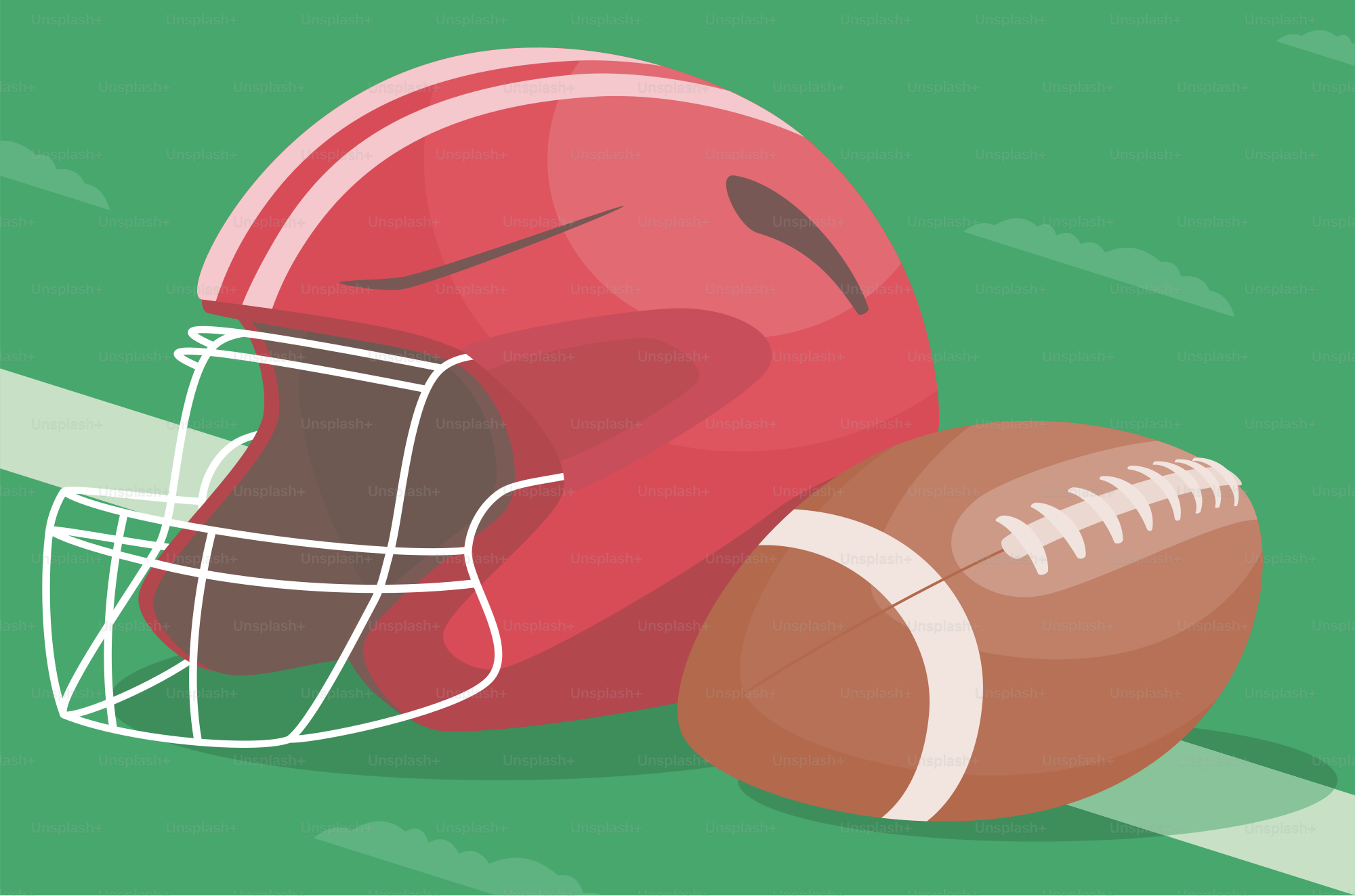 A football helmet and a football on a field