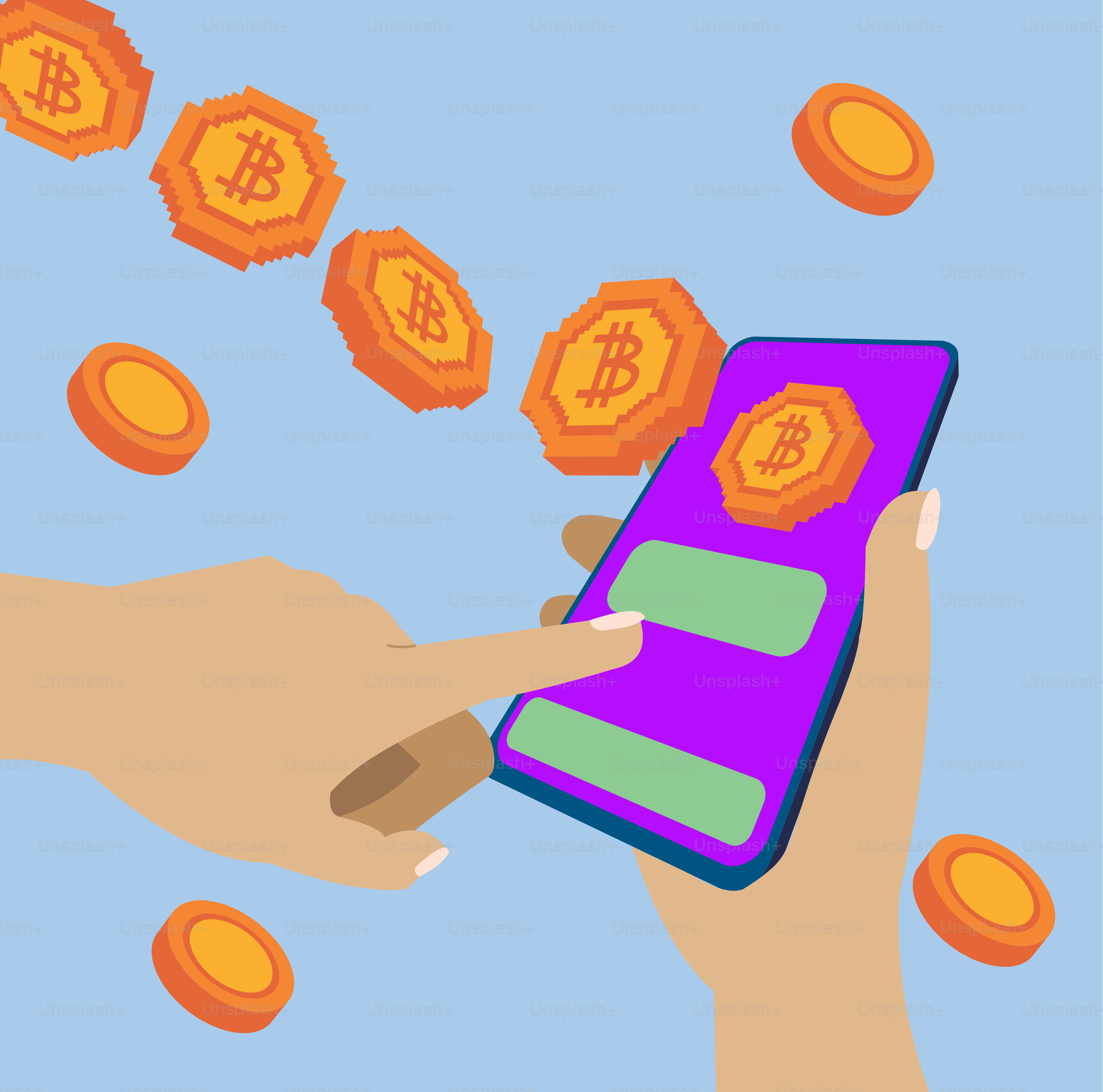 A hand holding a phone with money flying out of it