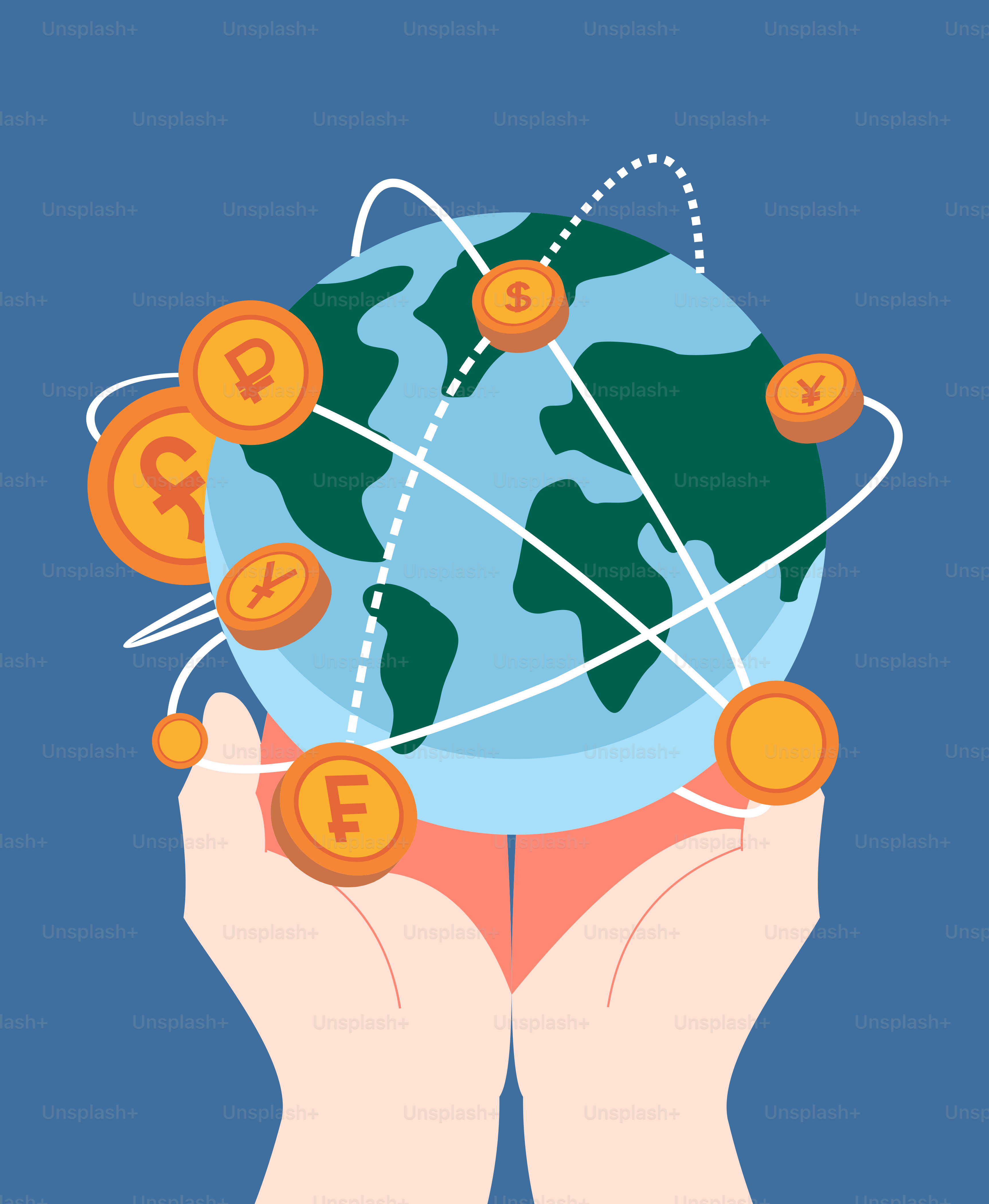 Two hands holding a globe with currency around it