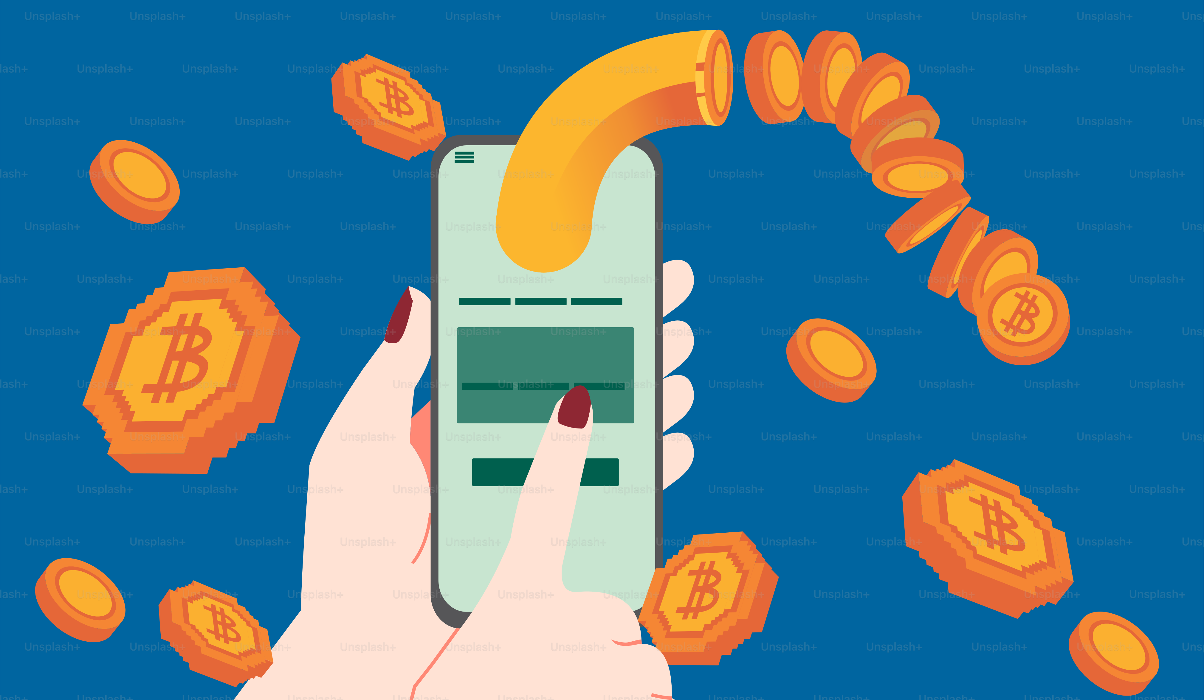 A hand holding a cell phone with money coming out of it