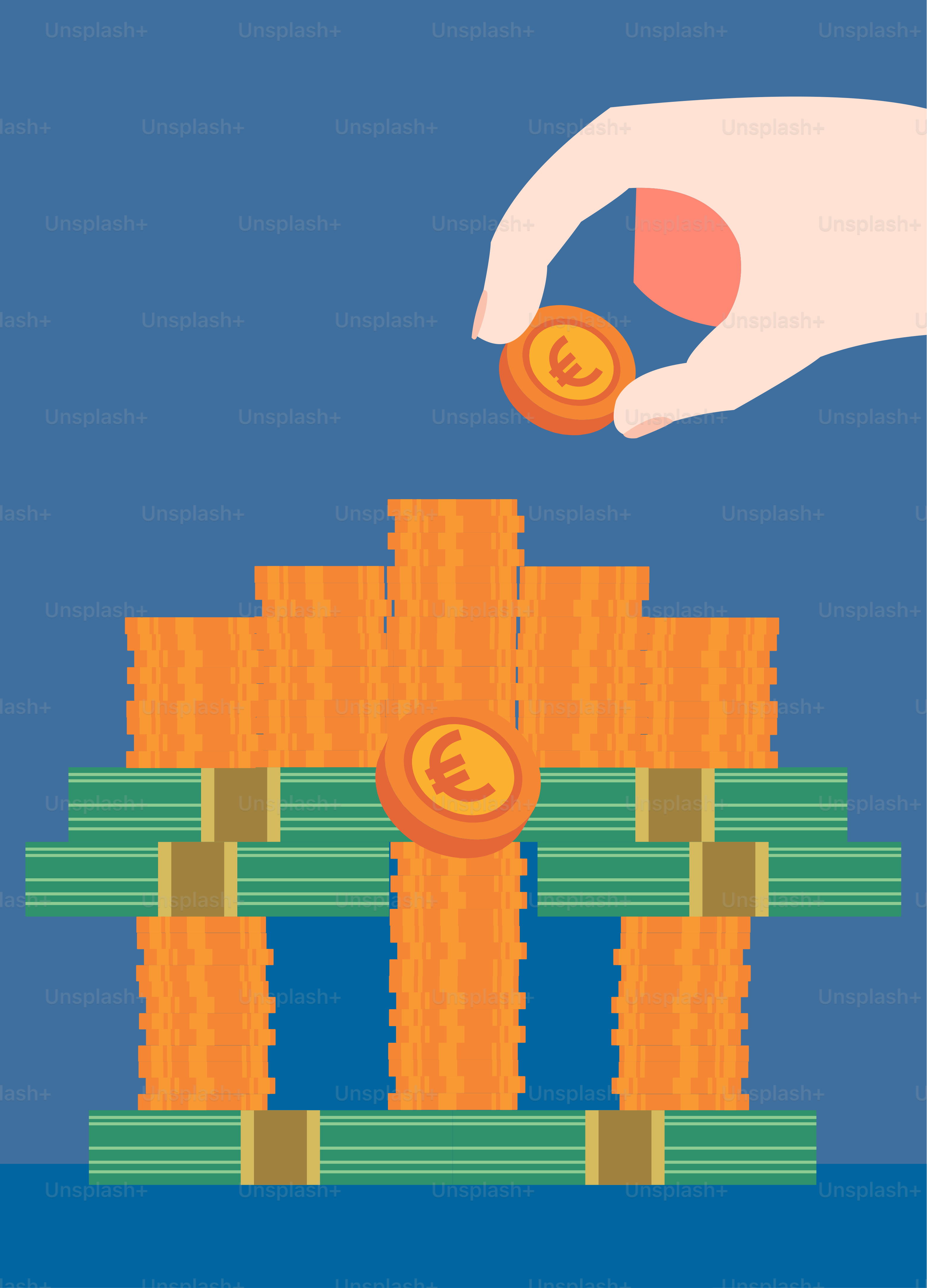 Eine Hand, die eine Münze in einen Geldhaufen steckt