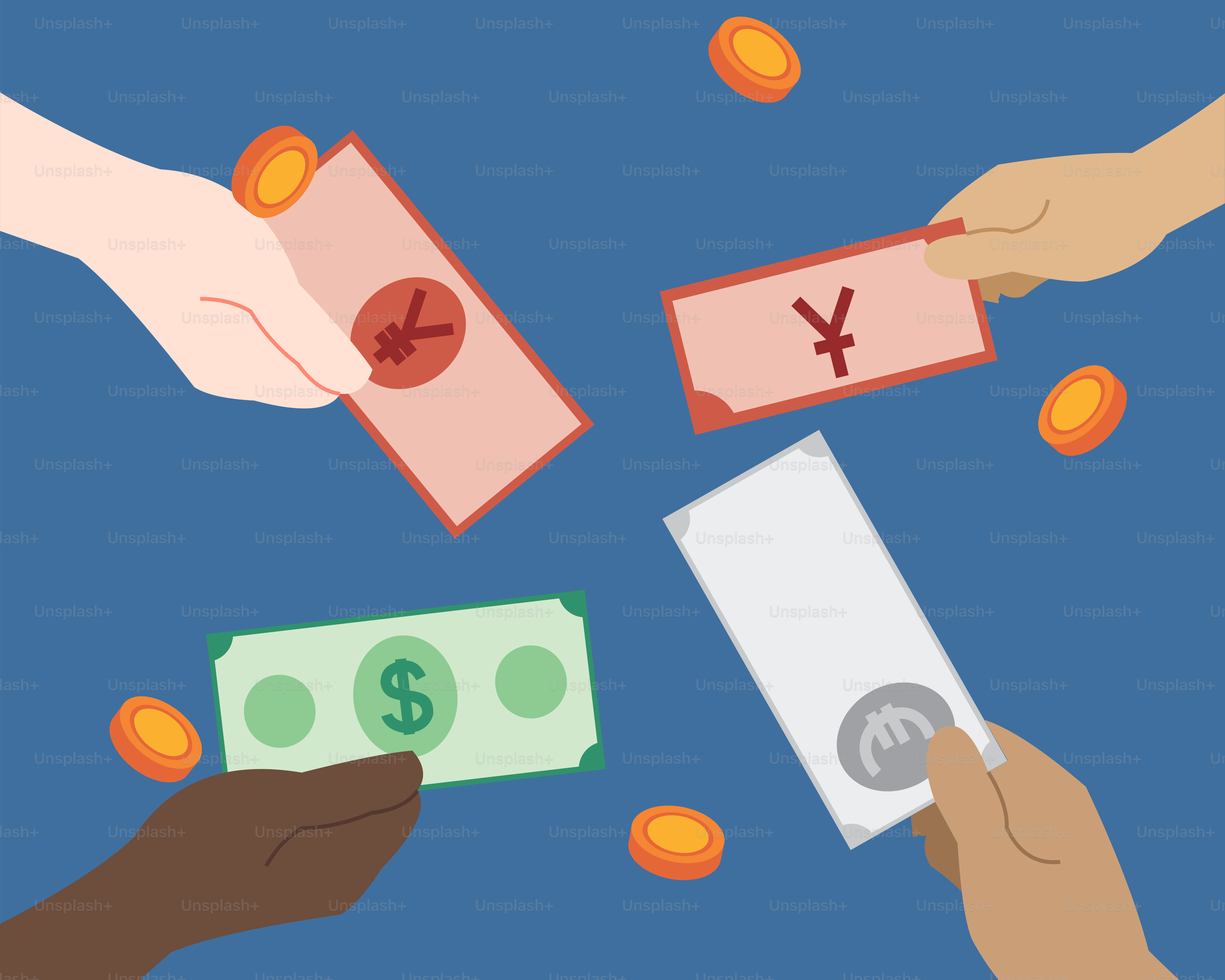 A group of people throwing money into each other