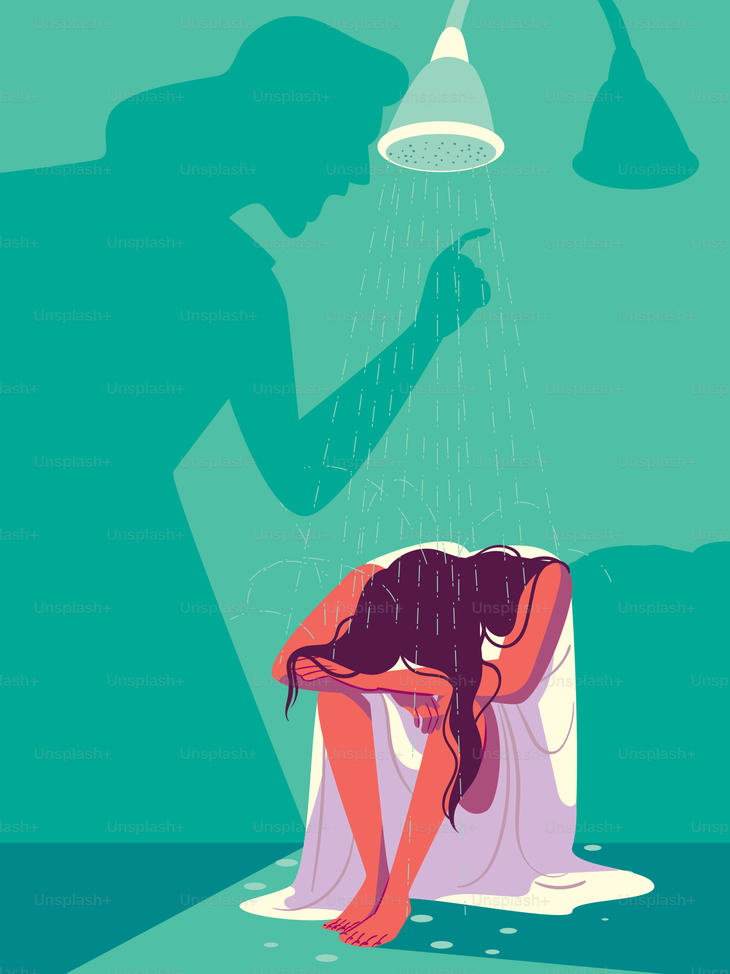 A woman sitting in a chair under a shower