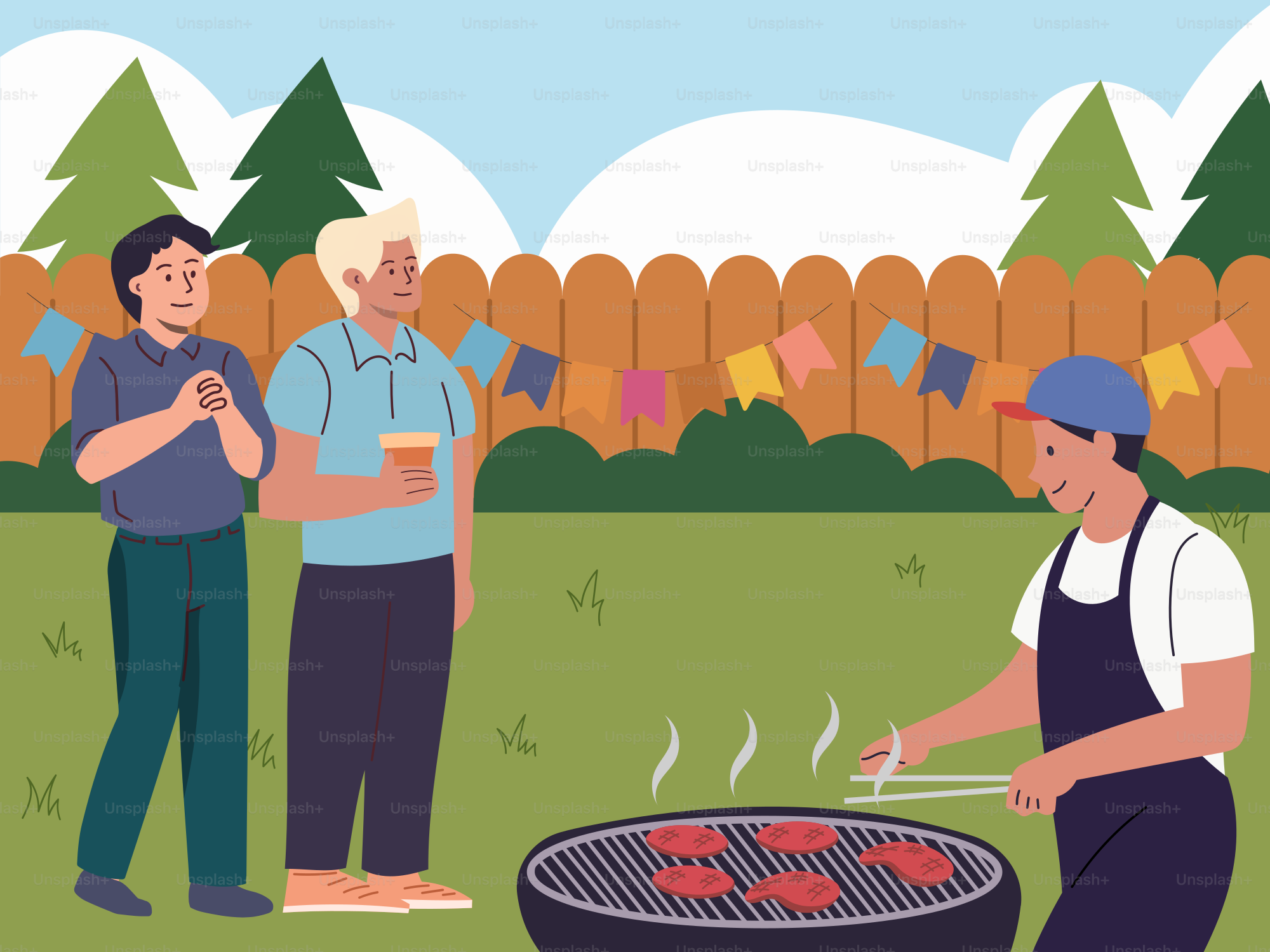 A man grilling on a grill while another man watches