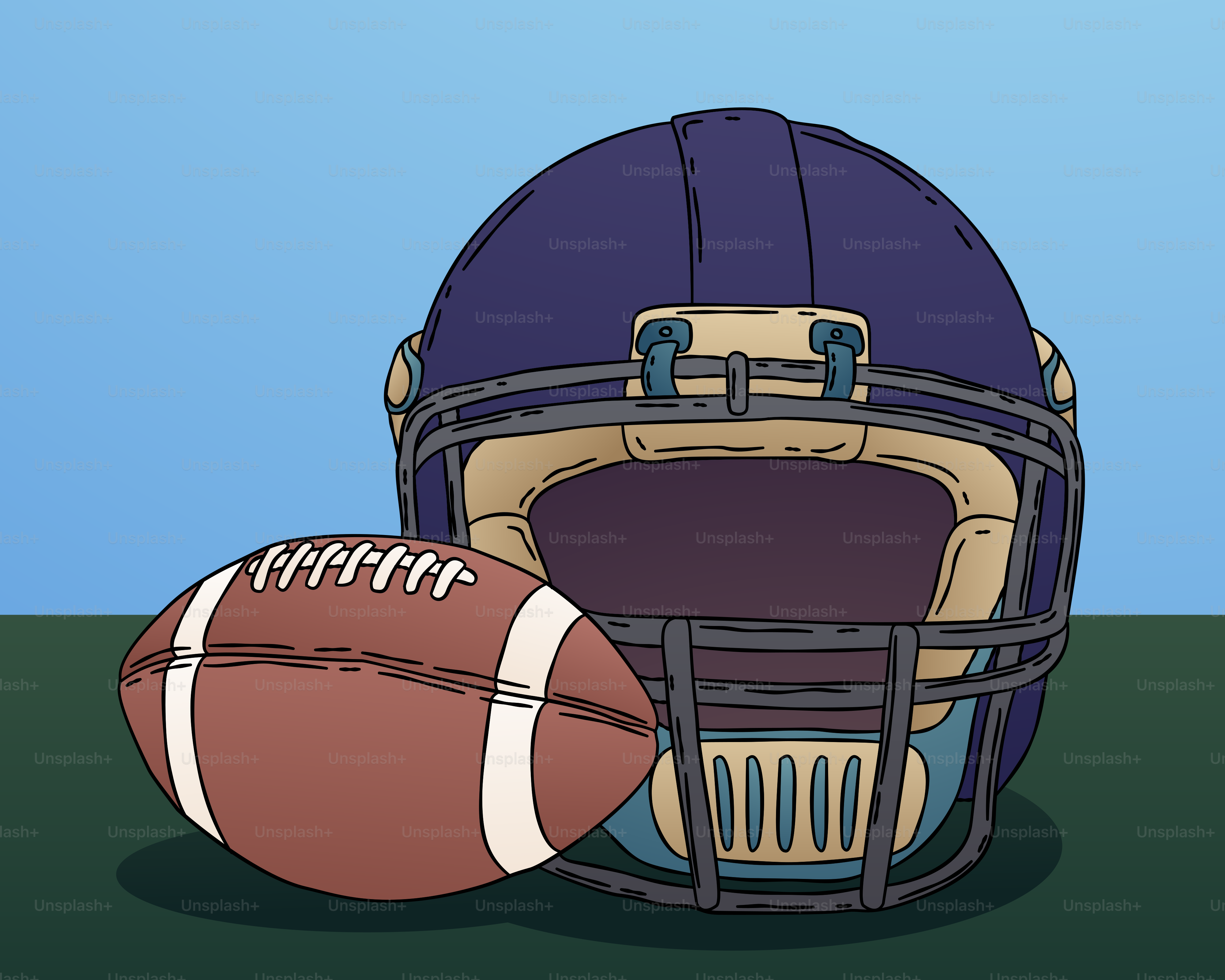 A football and a football helmet on a field