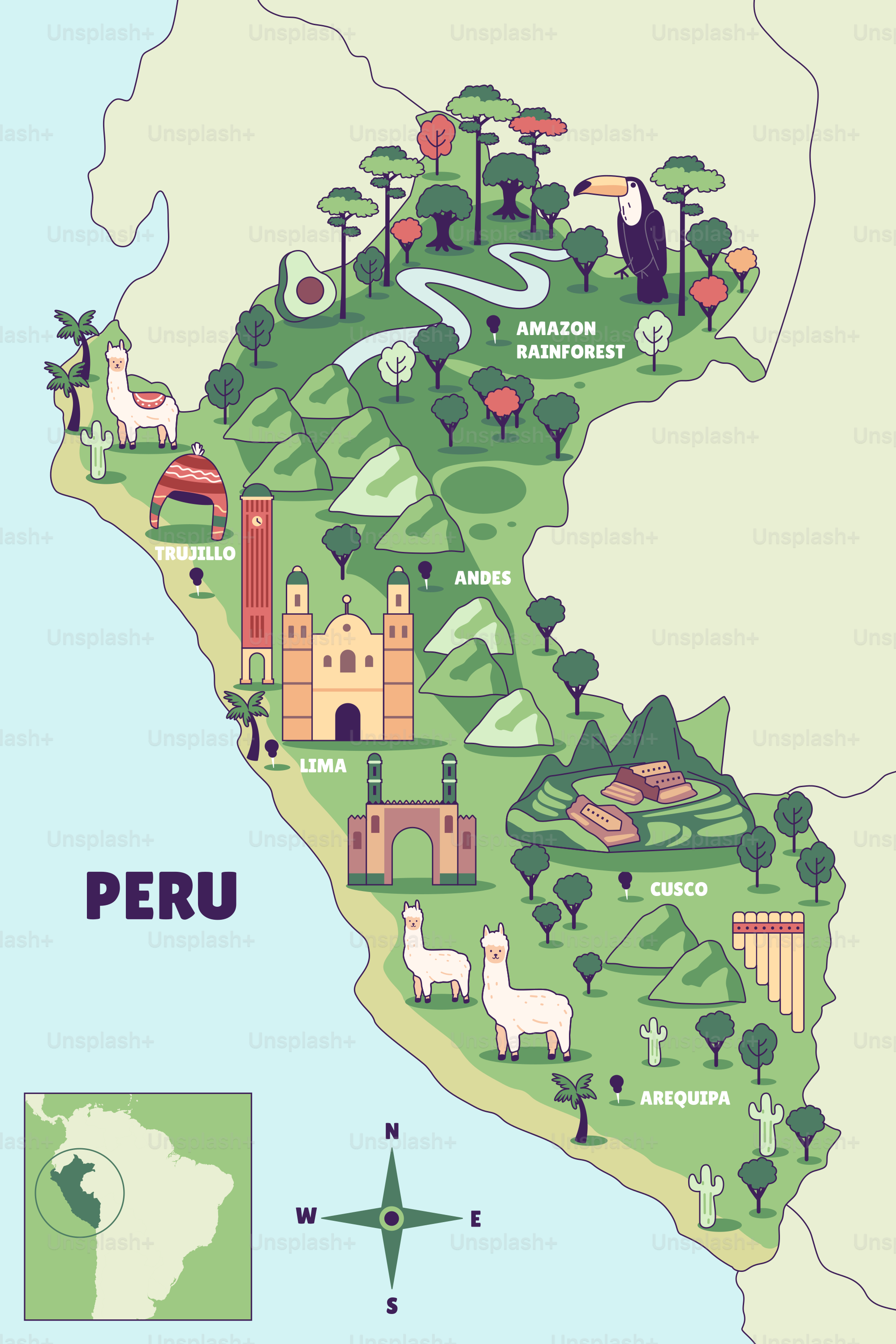 A map of peru with a lot of animals