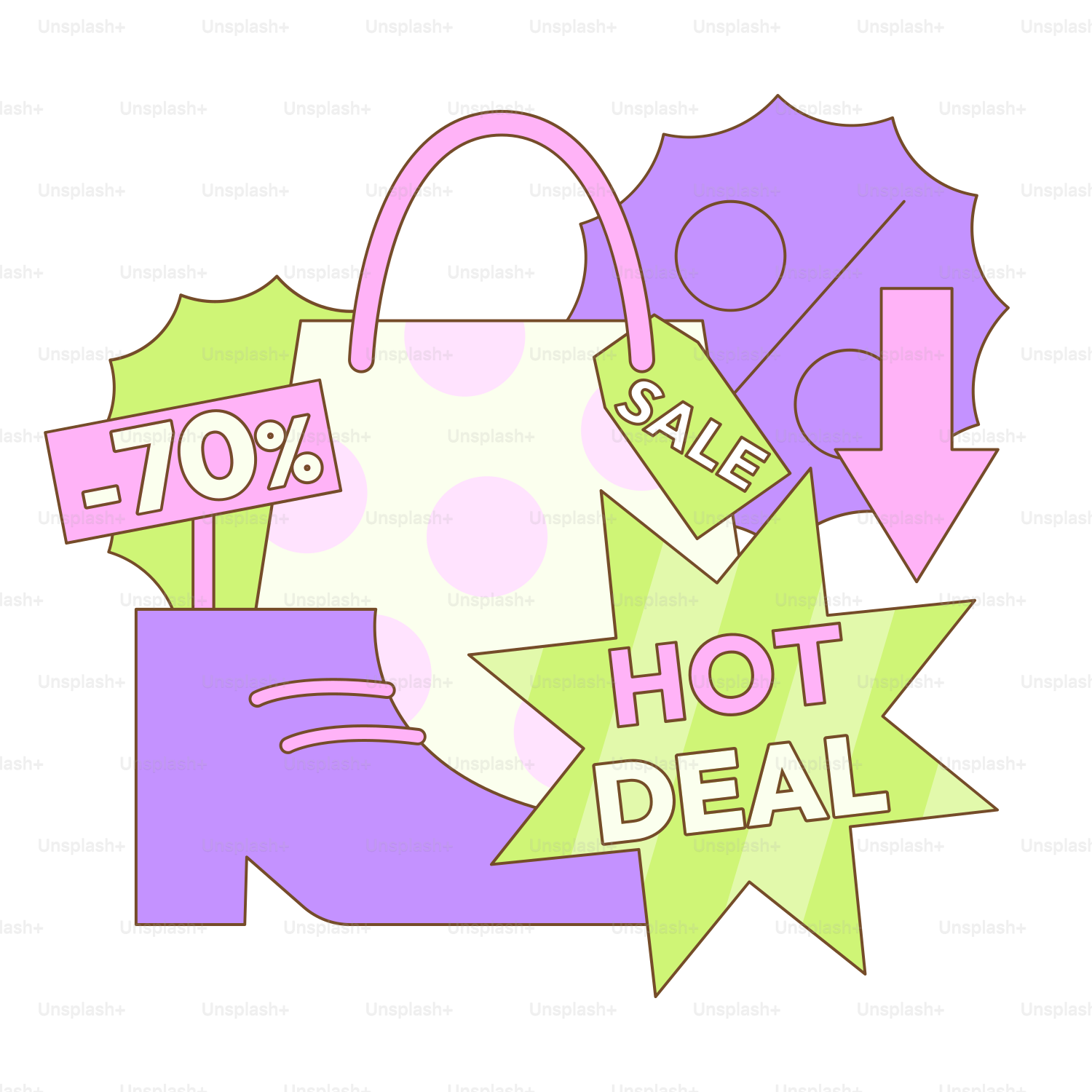A purple and green bag with a sale sign on it