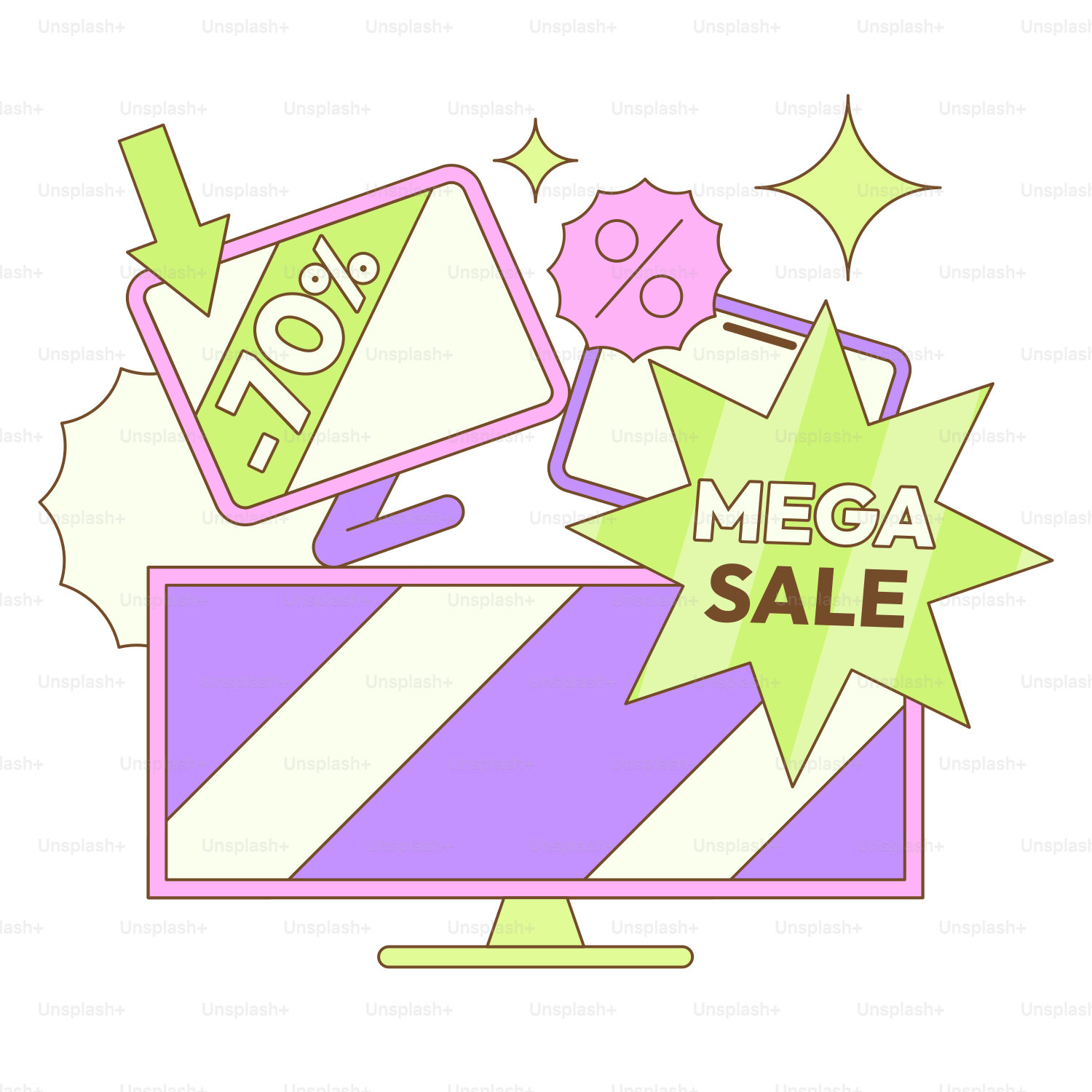 A computer screen with a sale sign on it