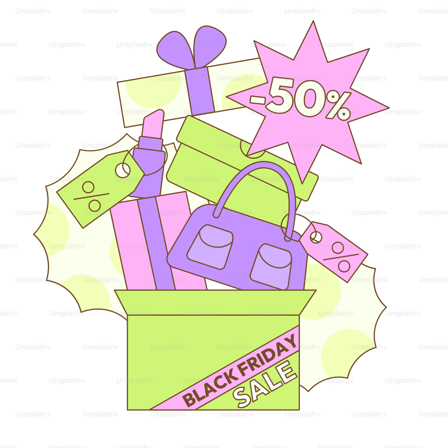 A black friday sale sign with a bunch of items in a box