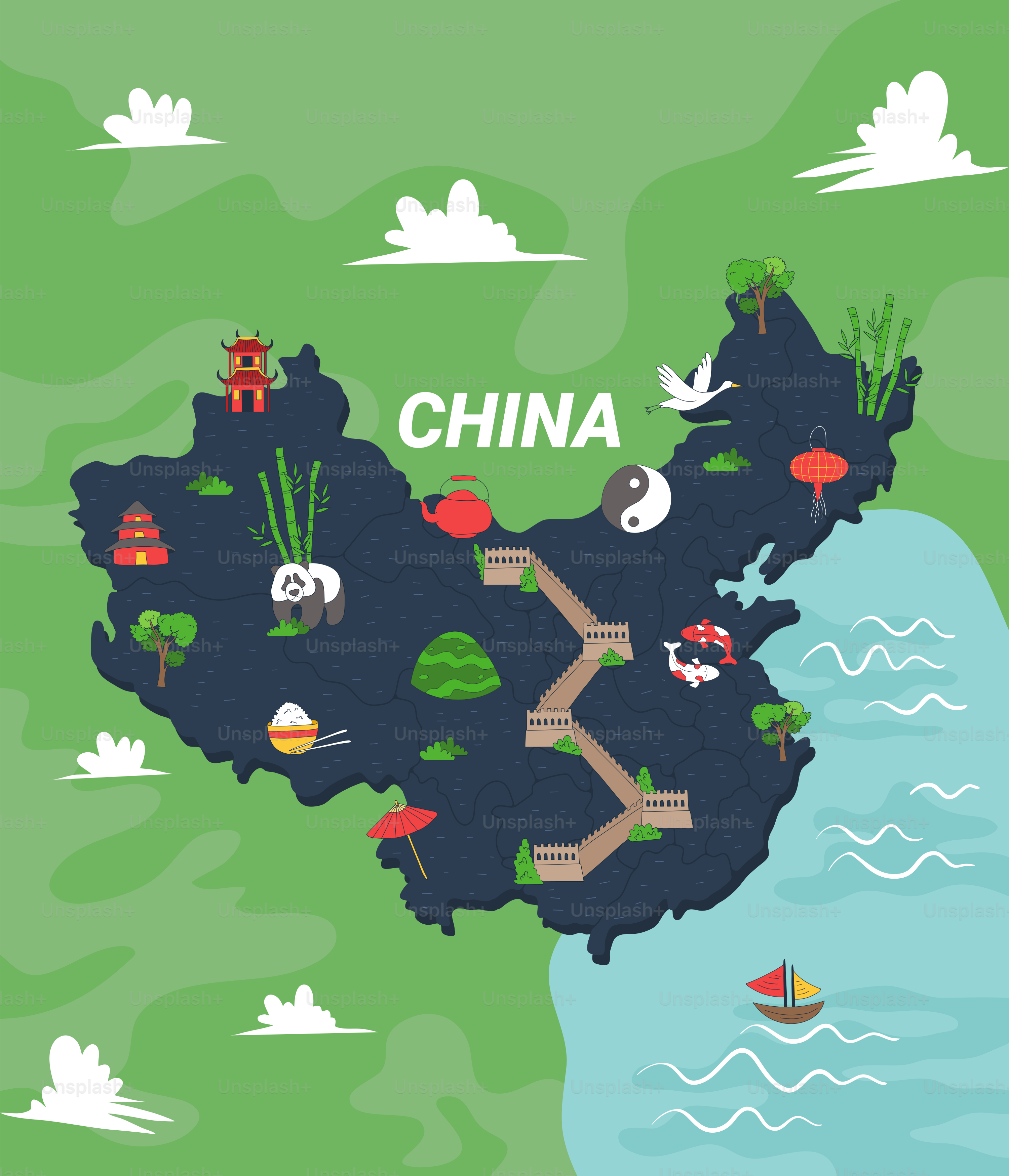 A map of china with a lot of things on it