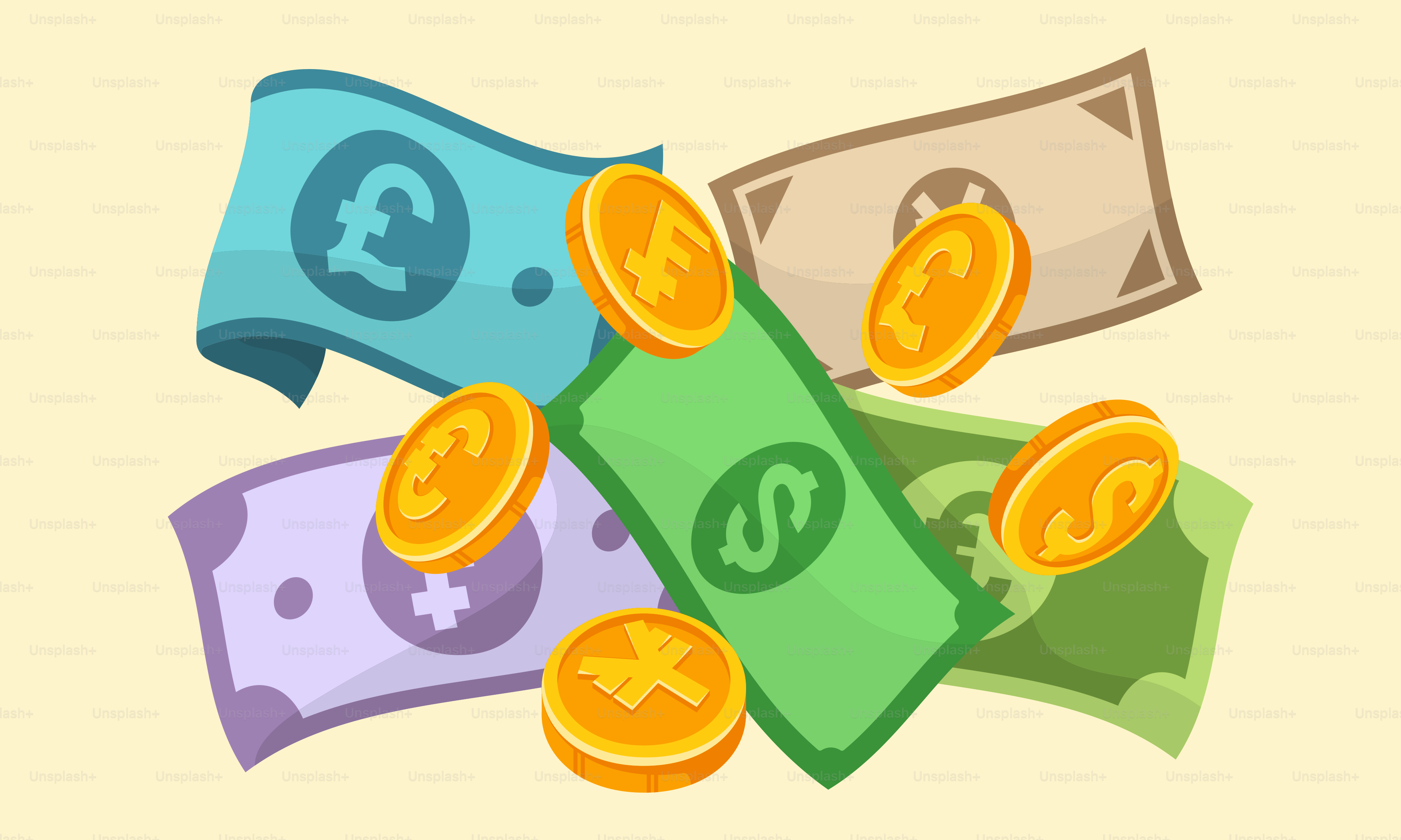 동전 더미 위에 쌓인 돈 더미