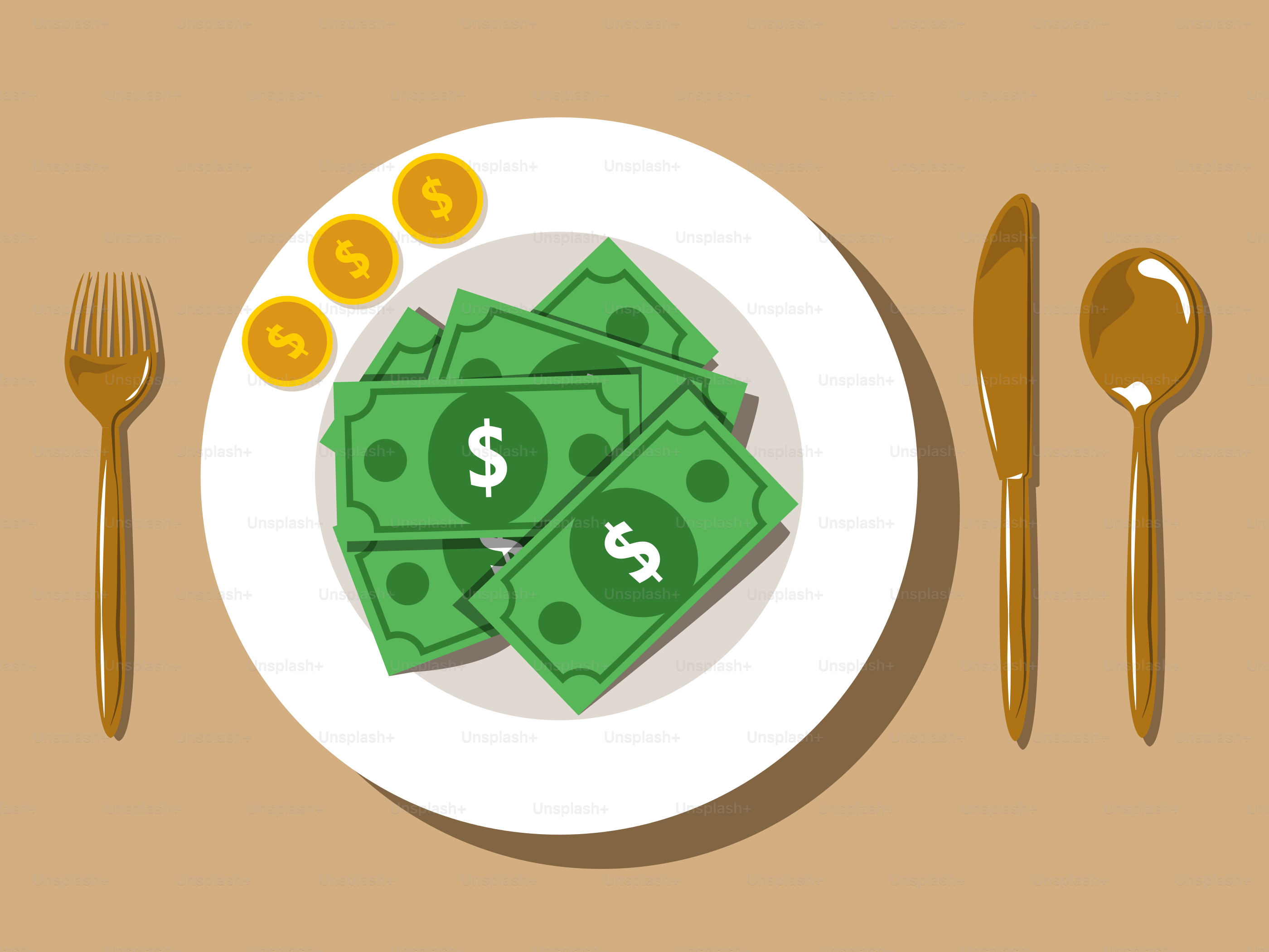 Uma placa branca coberta com dinheiro ao lado de um garfo e uma faca