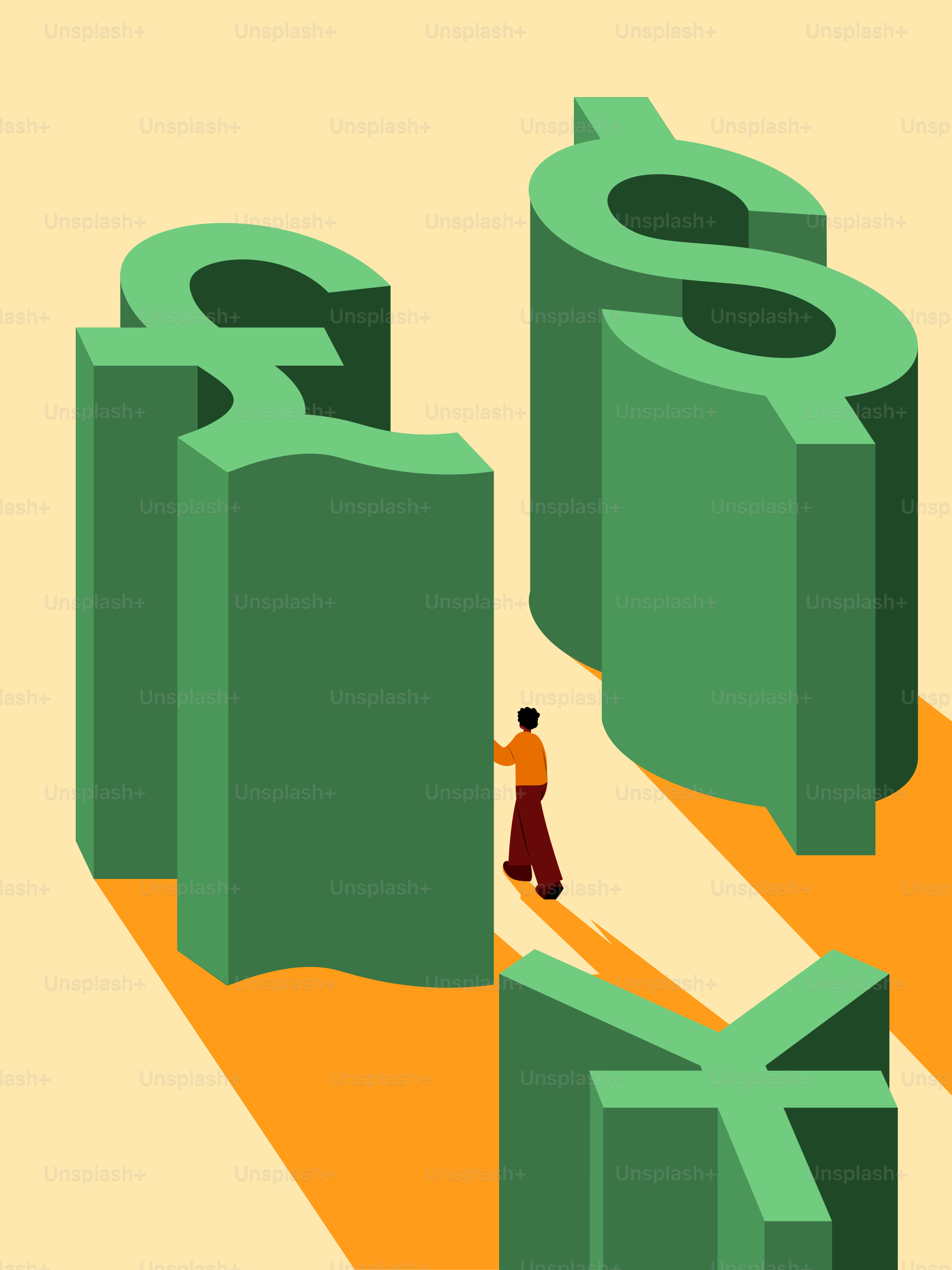 A man walking between two stacks of money