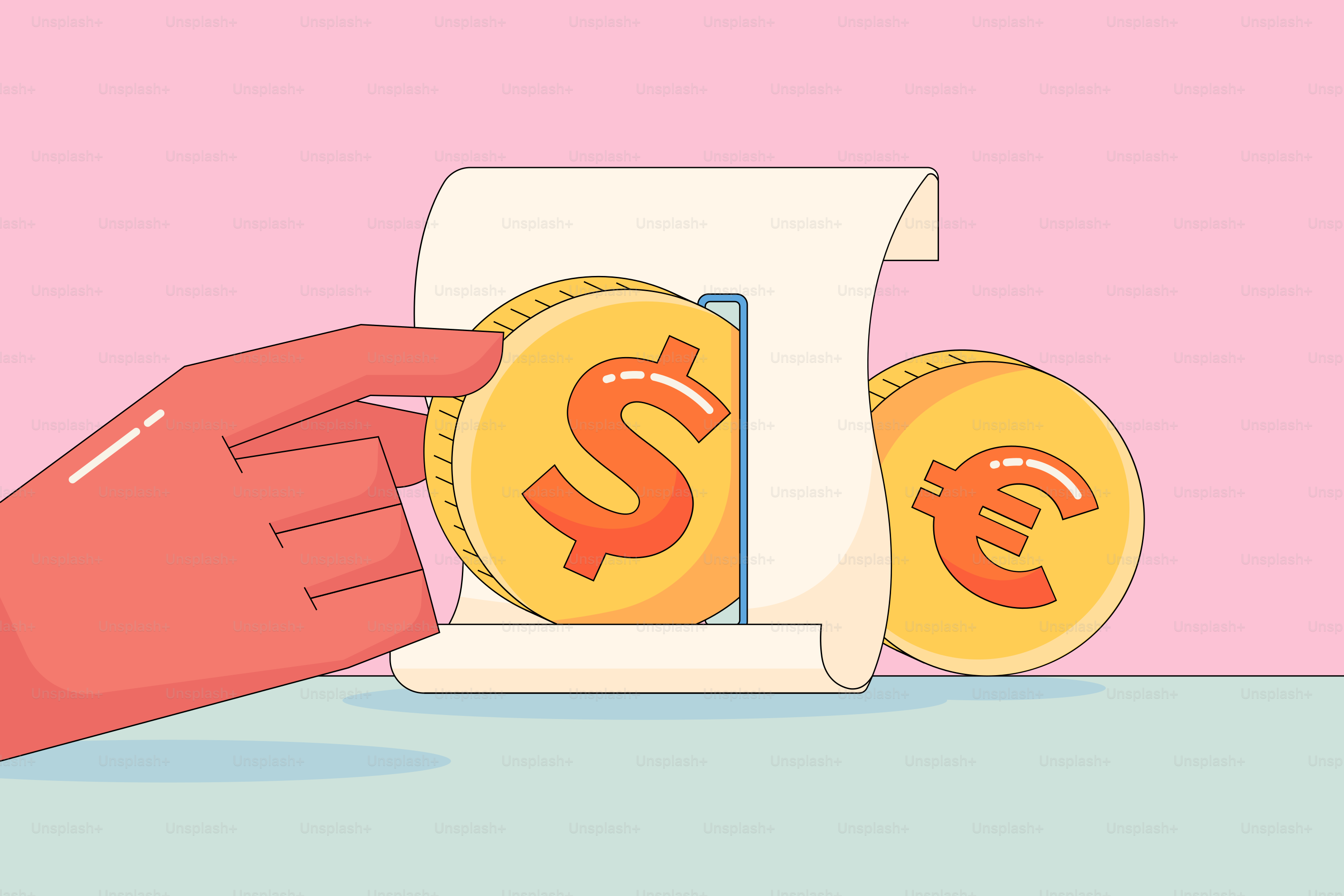 A hand holding a stack of coins over a stack of bills