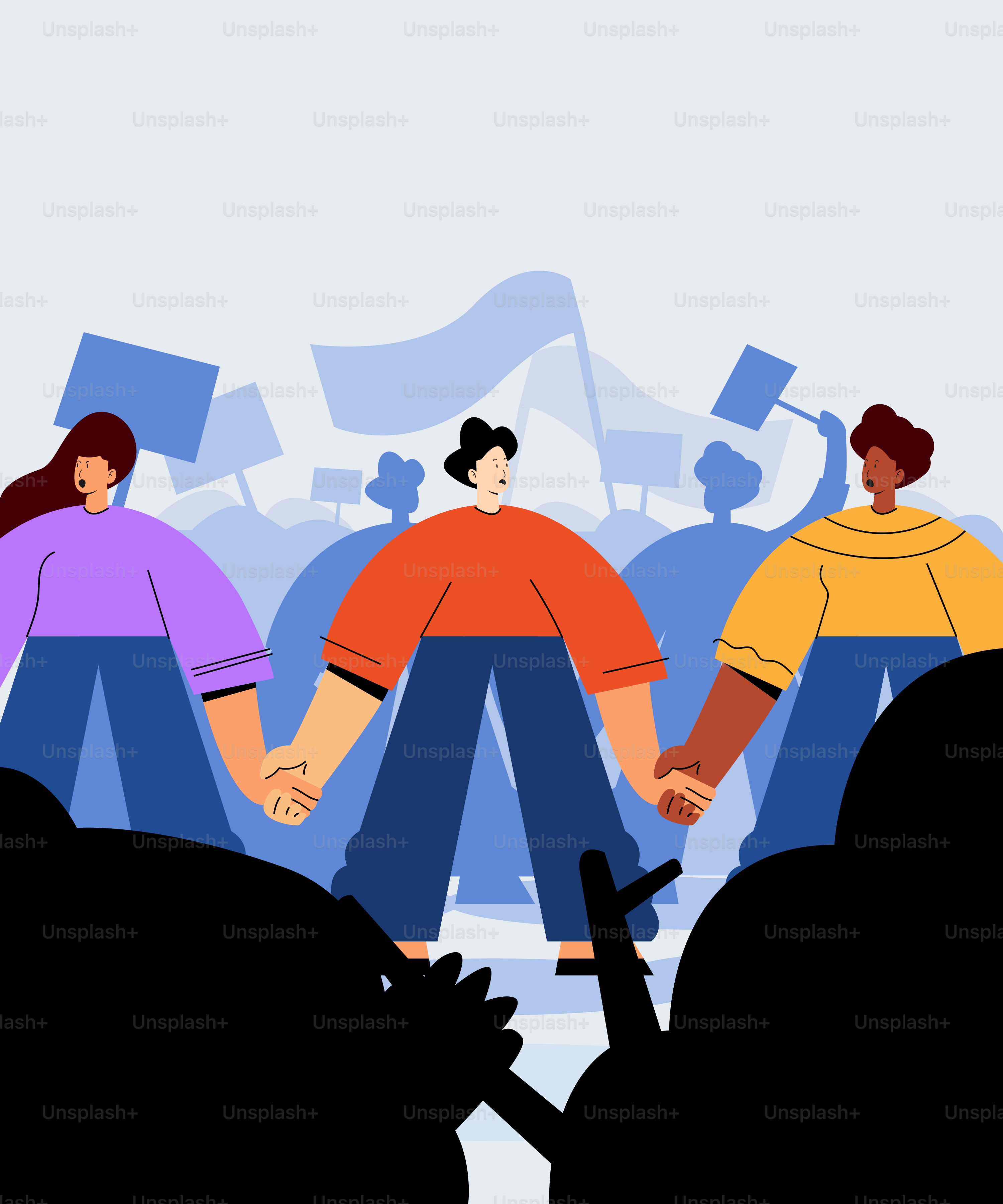 A group of people holding hands in front of a microphone