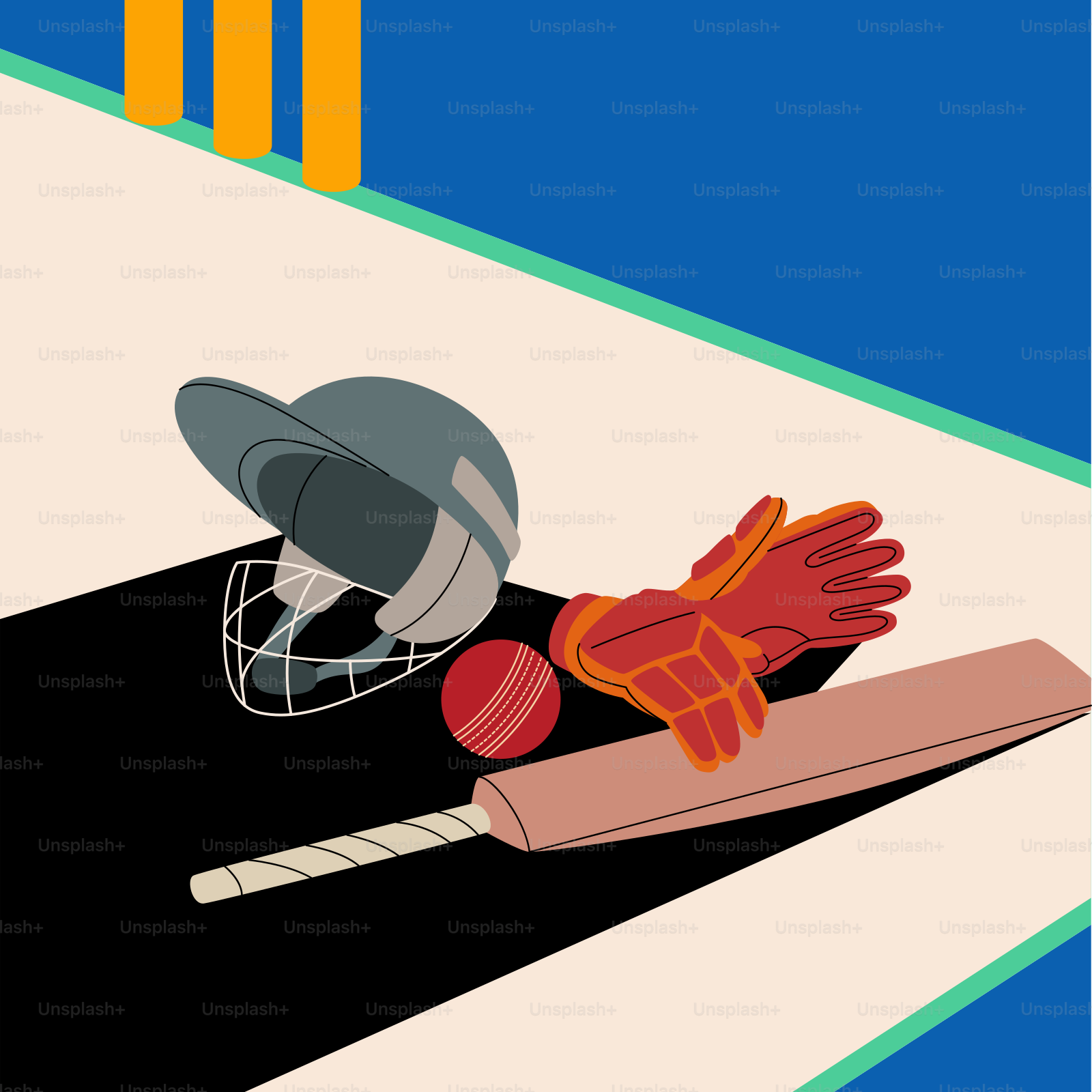 Um taco de beisebol, uma luva e uma bola em um campo de beisebol