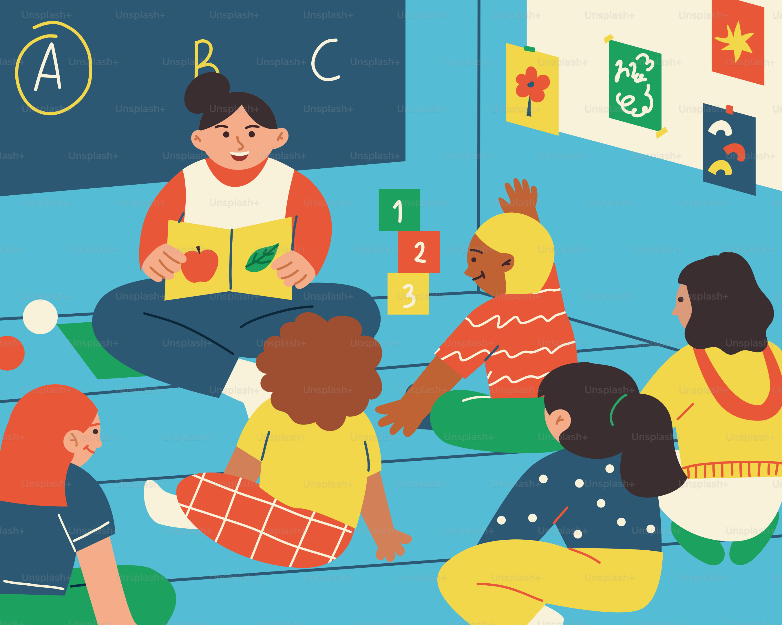 A group of children sitting on the floor in front of a blackboard