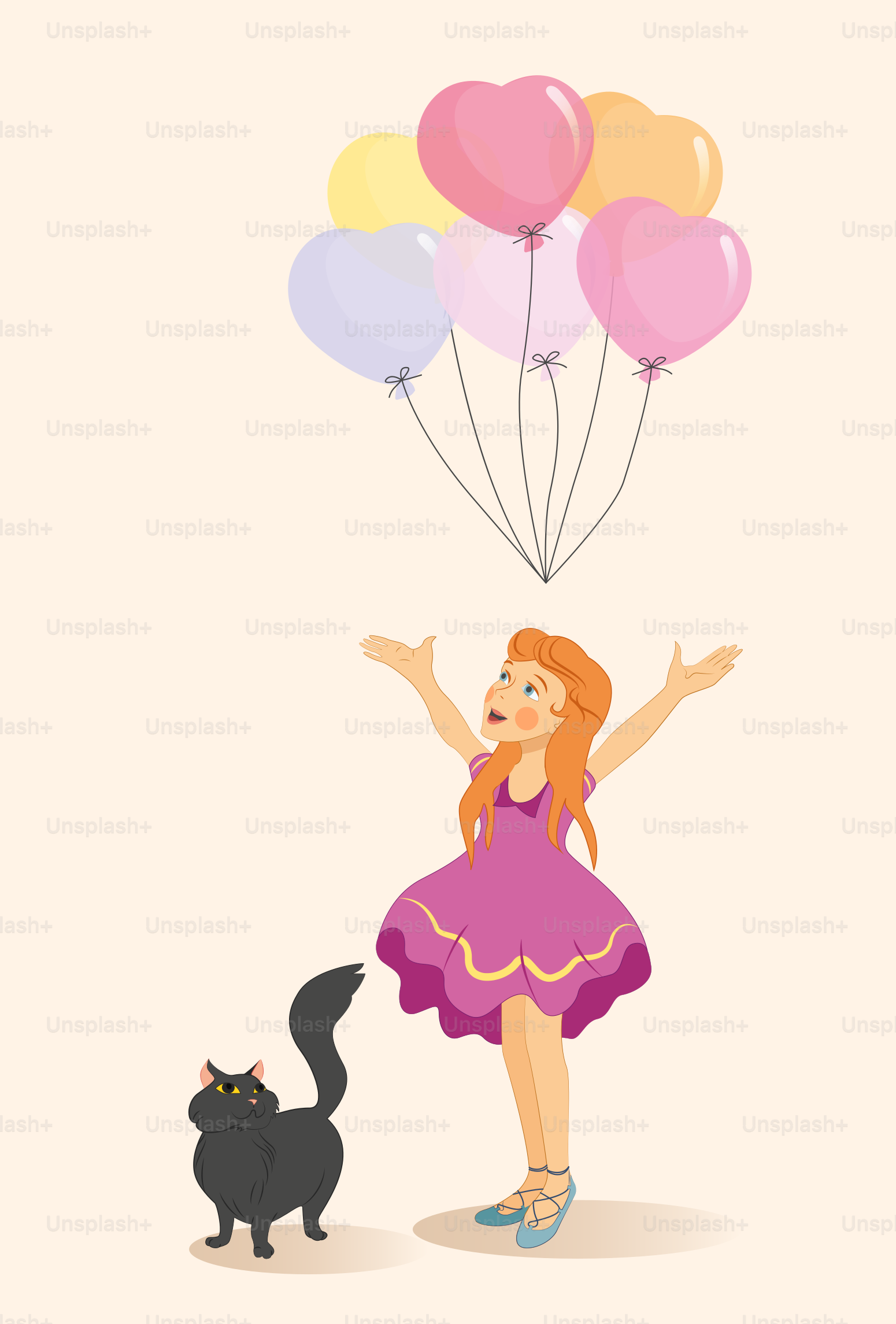 A woman in a pink dress holding balloons and a black cat