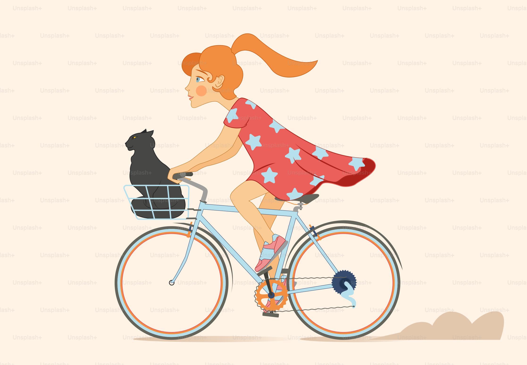 A woman riding a bike with a dog in the basket